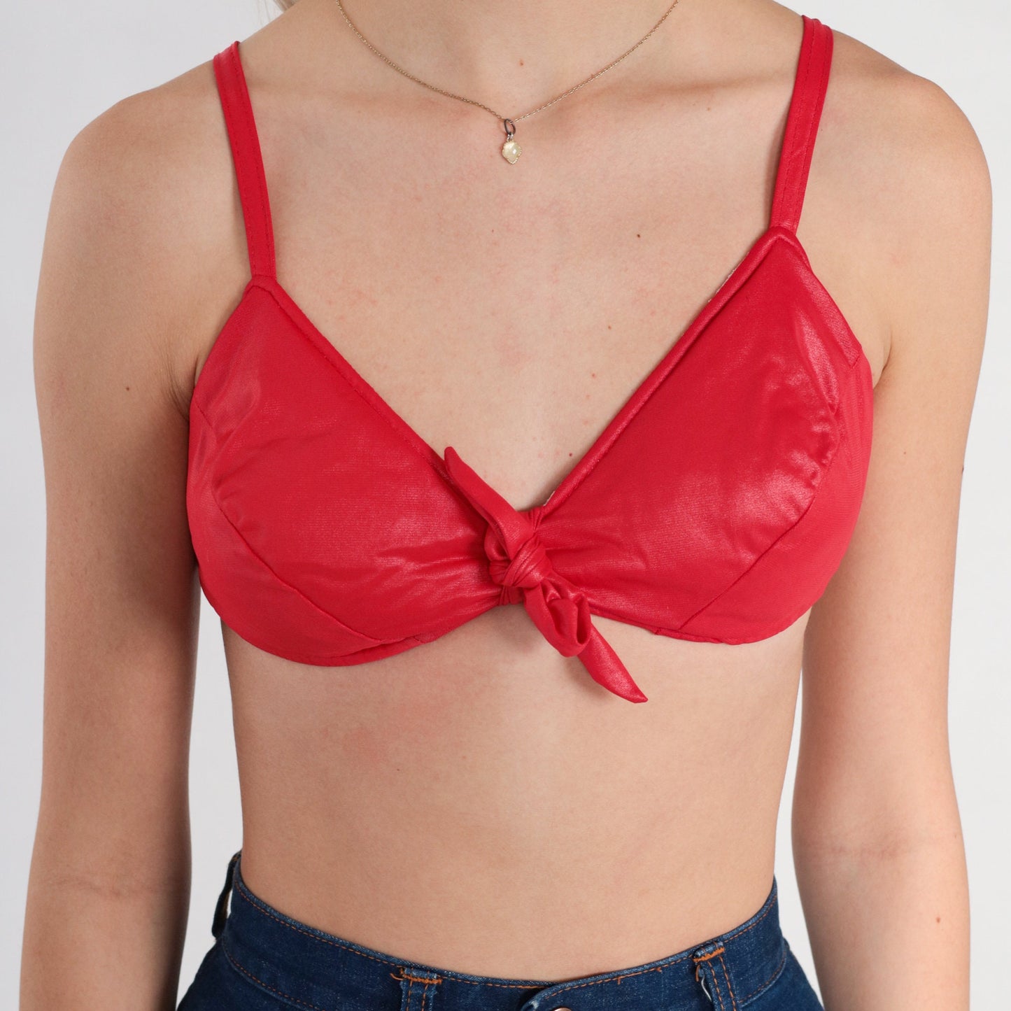 70s Red Nylon Bikini Top Padded Tie Front Swimwear XS