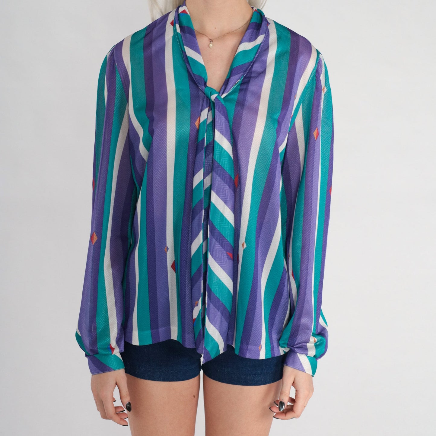 70s Striped Necktie Blouse Purple Green White Diamond Print Button Up Medium