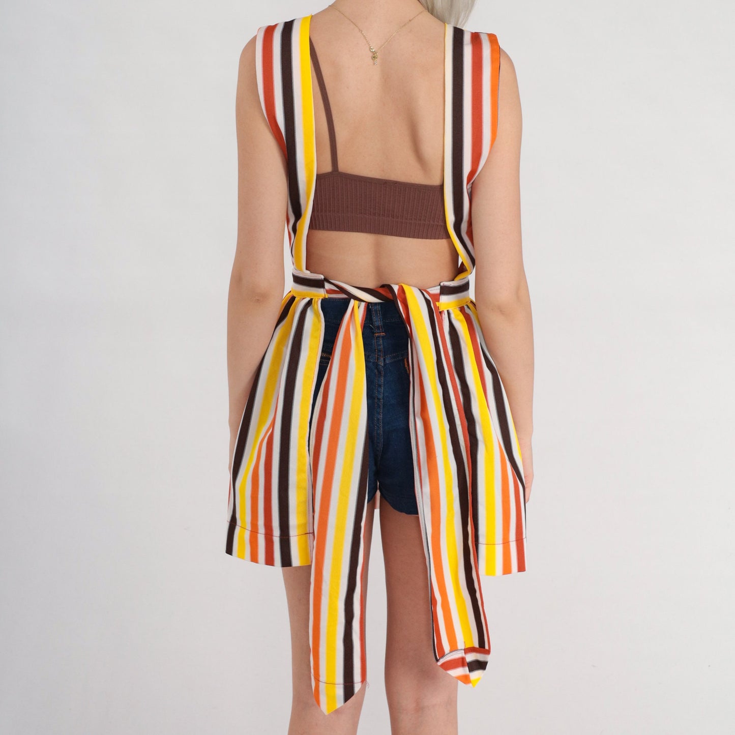 70s Striped Apron Dress Open Back Pinafore Mini XS Multicolor