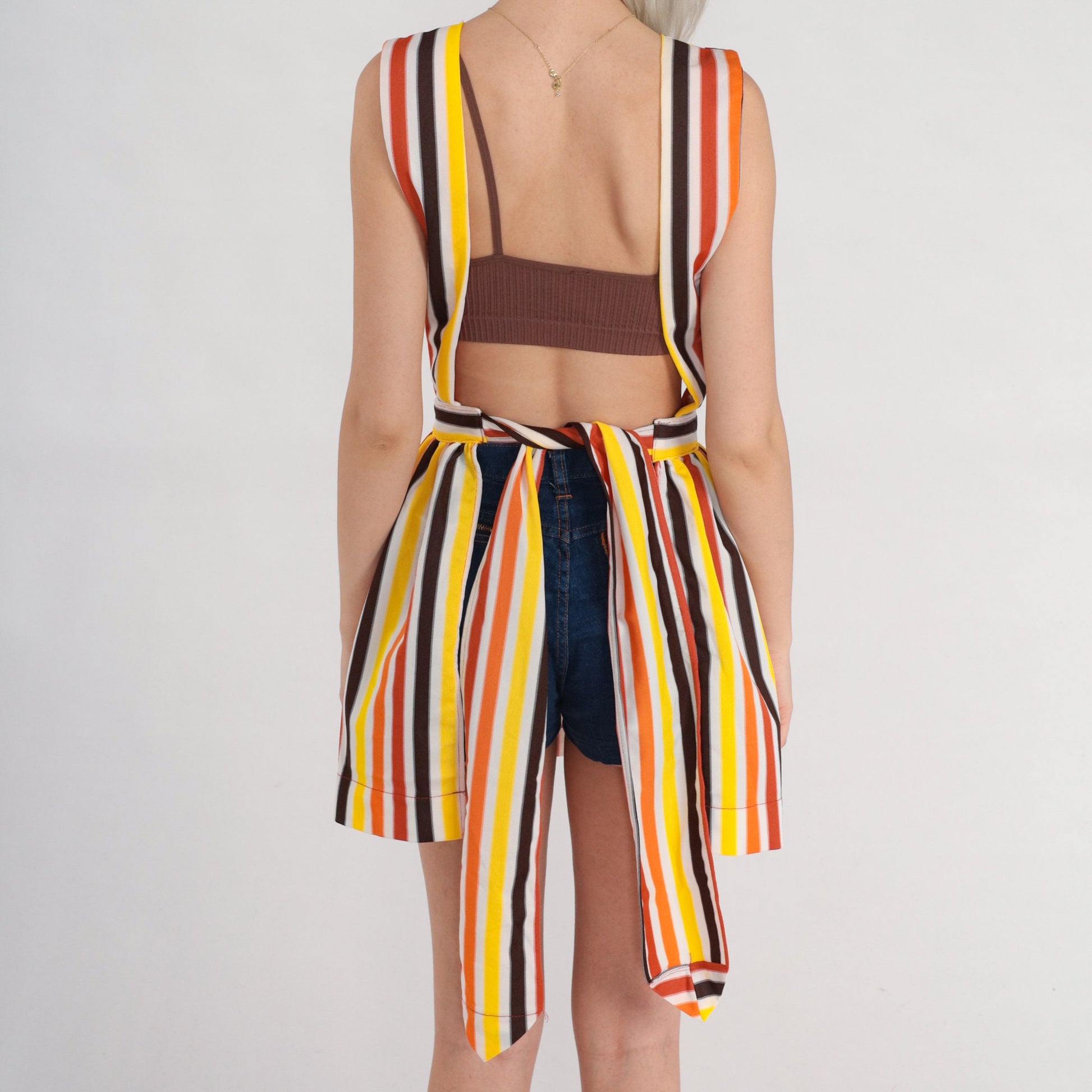70s Striped Apron Dress Open Back Pinafore Mini XS Multicolor