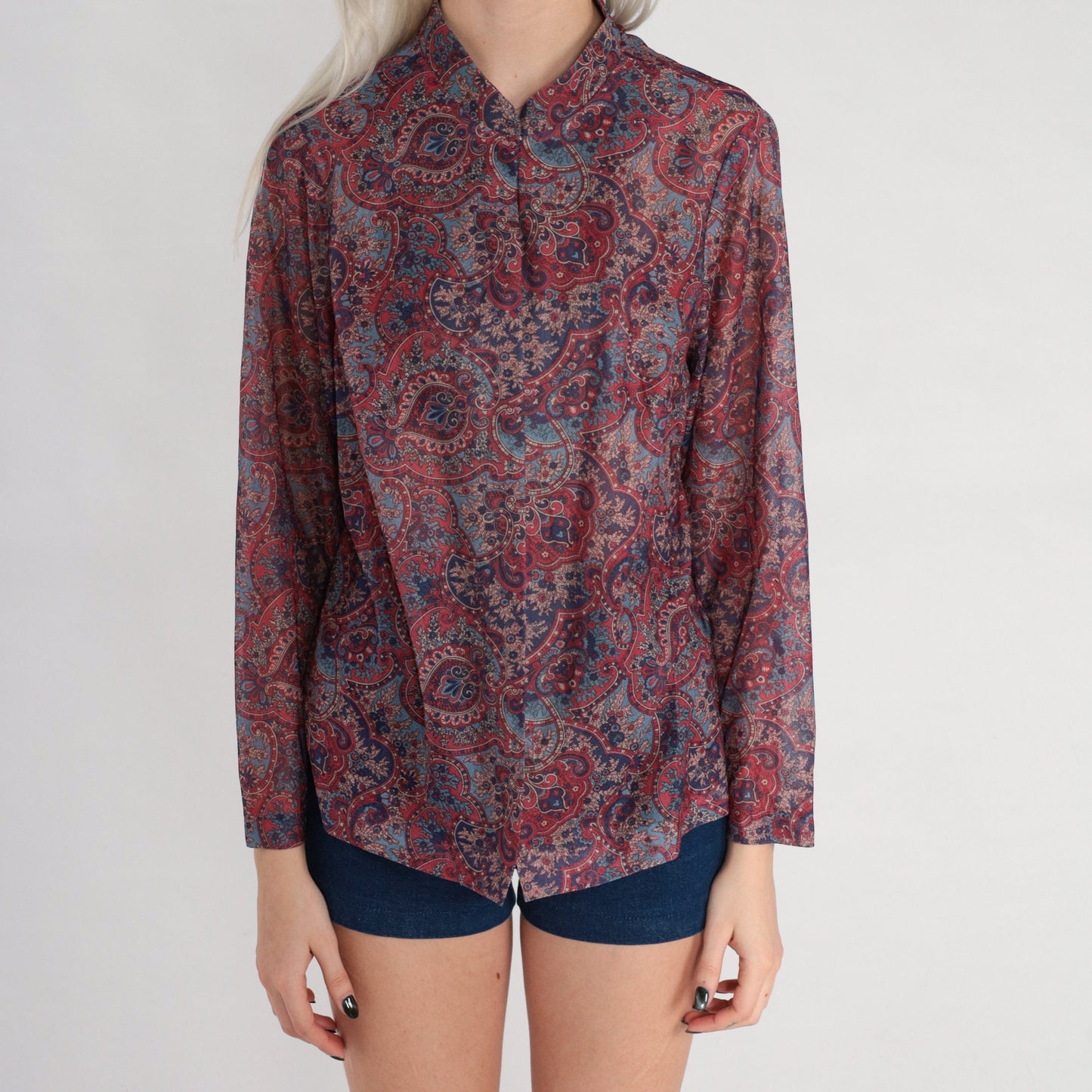 70s Indian Floral Open Front Blouse Mandarin Collar Long Sleeve Medium