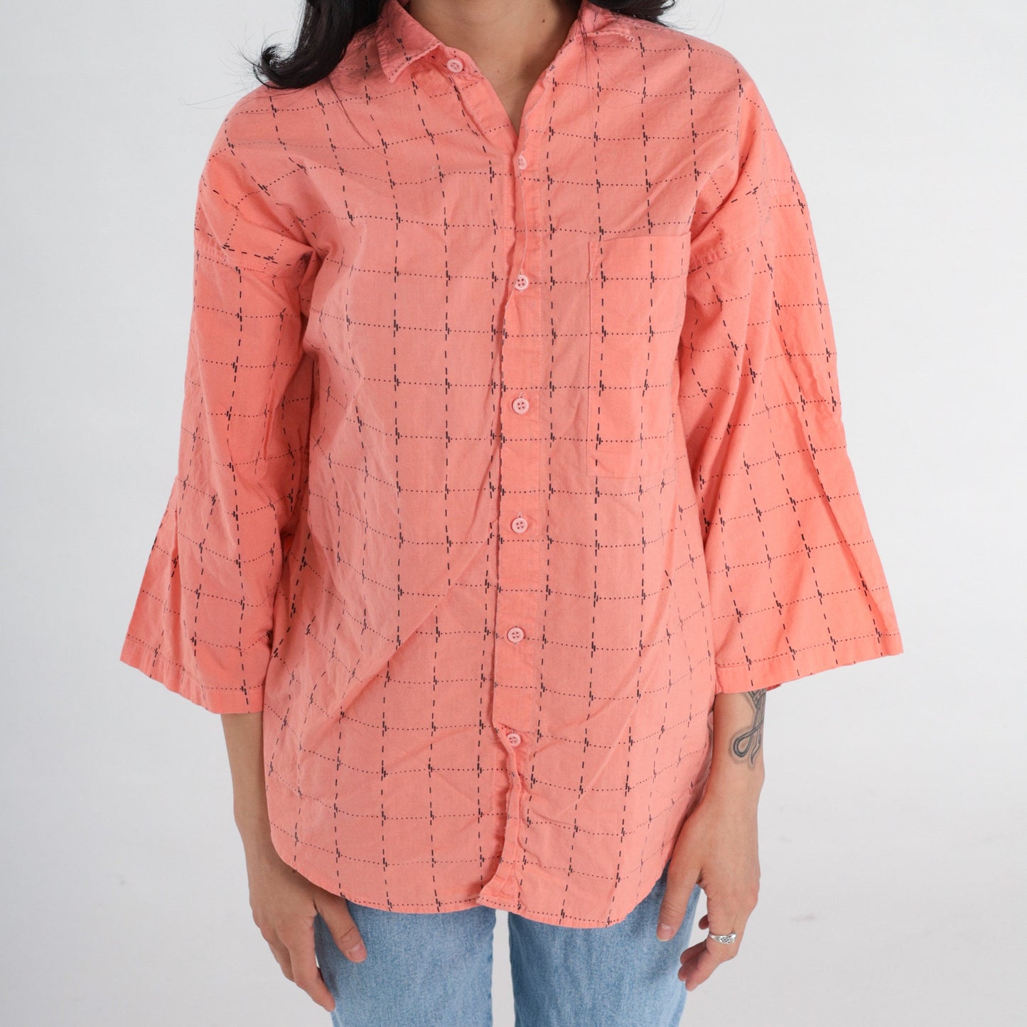 90s Peach Pink Checkered Cotton Button-Up Shirt 3/4 Sleeve Medium