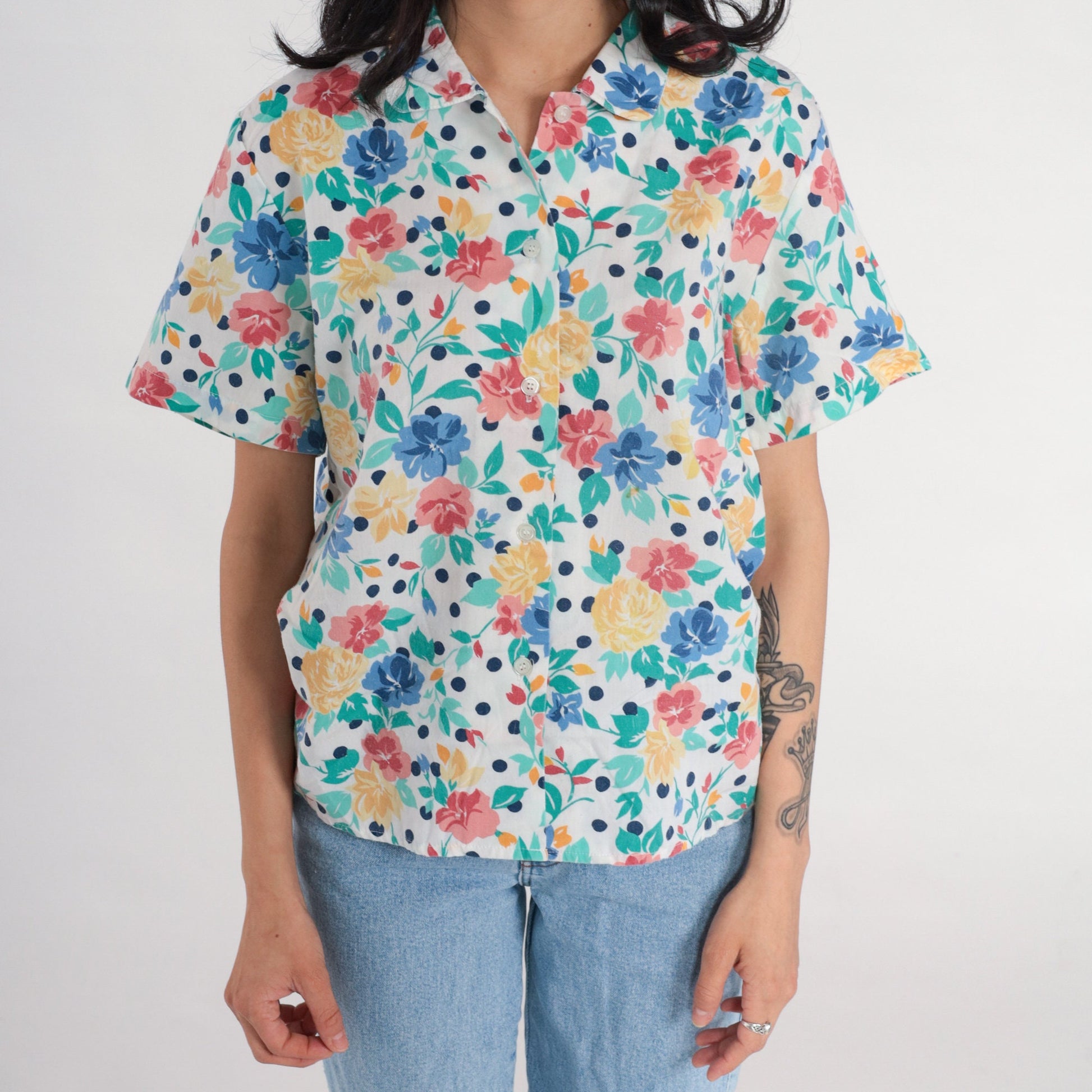 80s Floral Polka Dot Button-Up Blouse White Short Sleeve Medium M