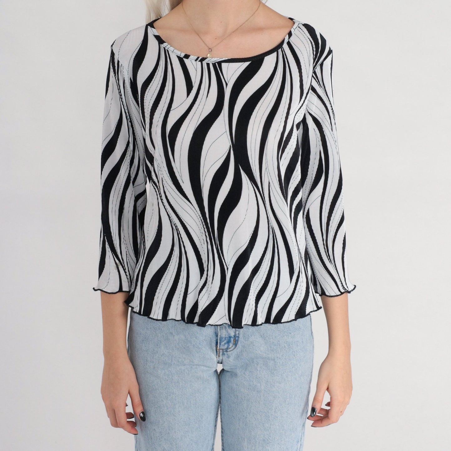 00s Black and White Abstract Pleated Blouse Zebra Print 3/4 Sleeve Medium Large
