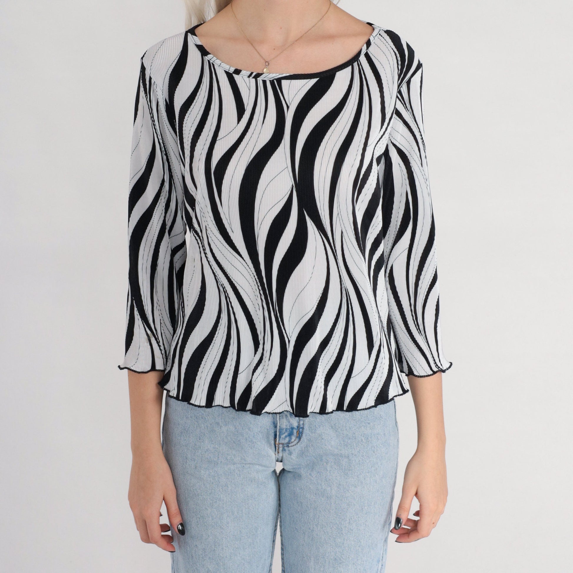 00s Black and White Abstract Pleated Blouse Zebra Print 3/4 Sleeve Medium Large