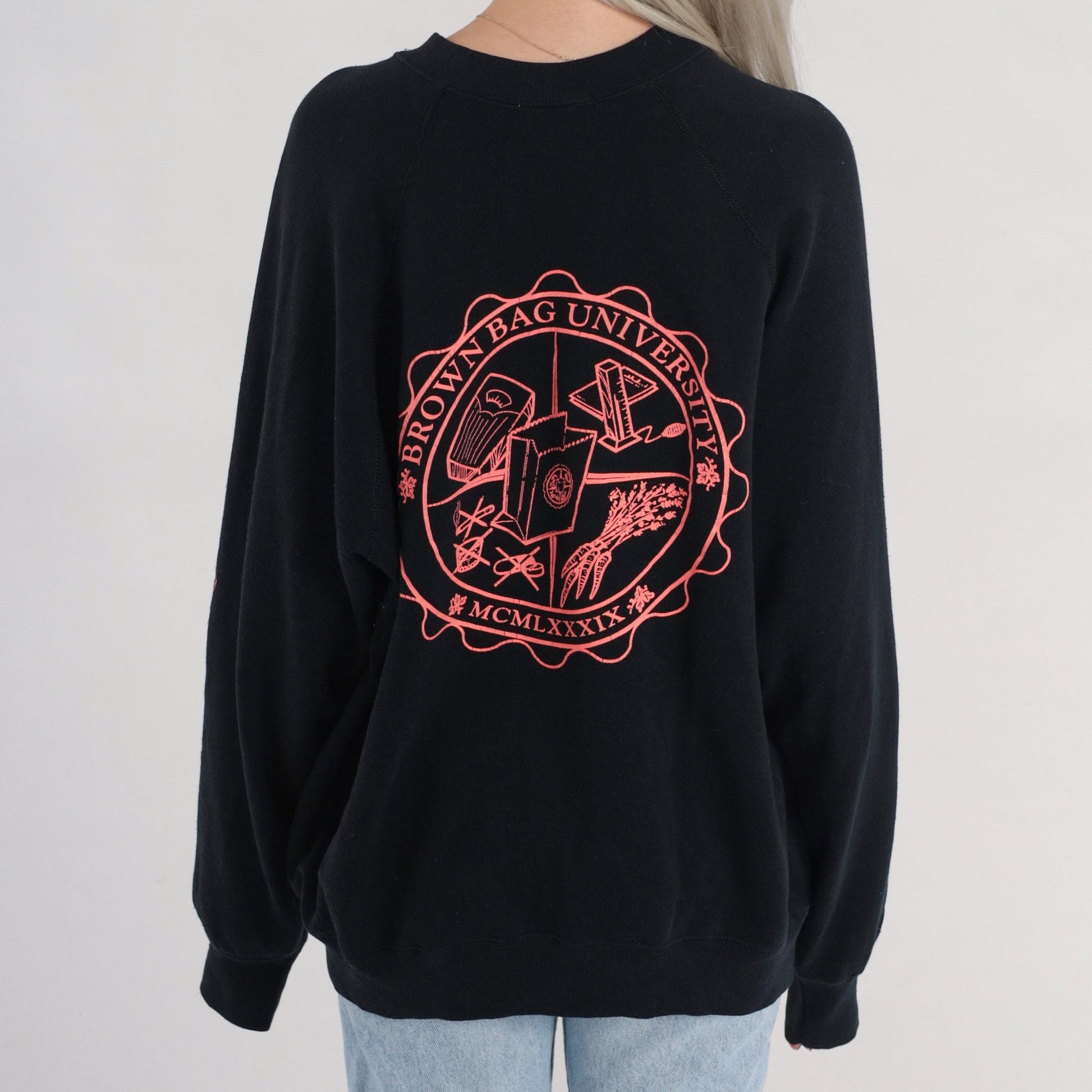 80s Brown Bag University Sweatshirt Black Graphic Crewneck Extra Large XXL