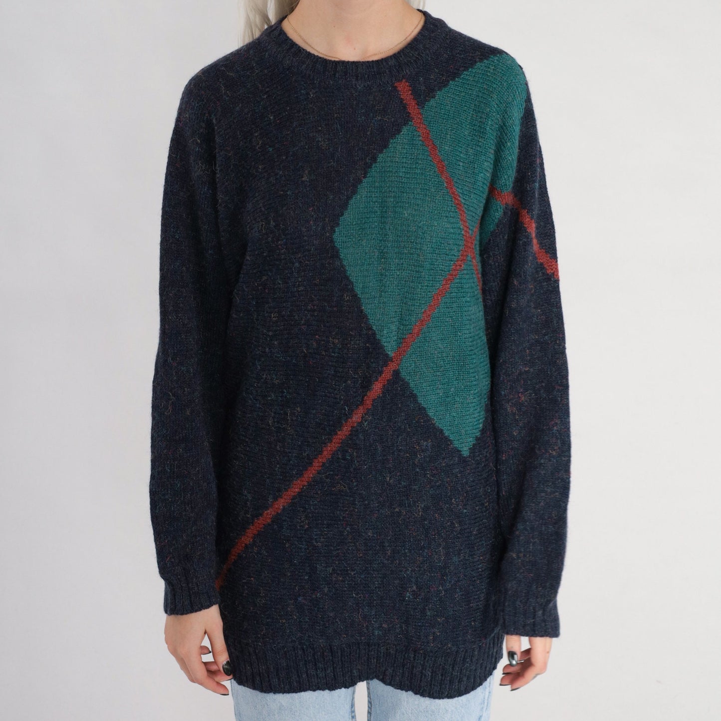 80s Navy Argyle Diamond Knit Crewneck Pullover Sweater Small S