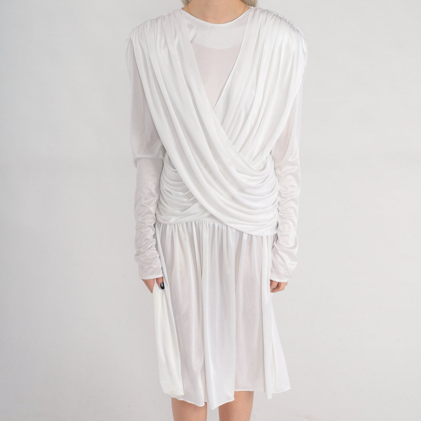 80s White Draped Midi Dress Long Sleeve Grecian Formal Small