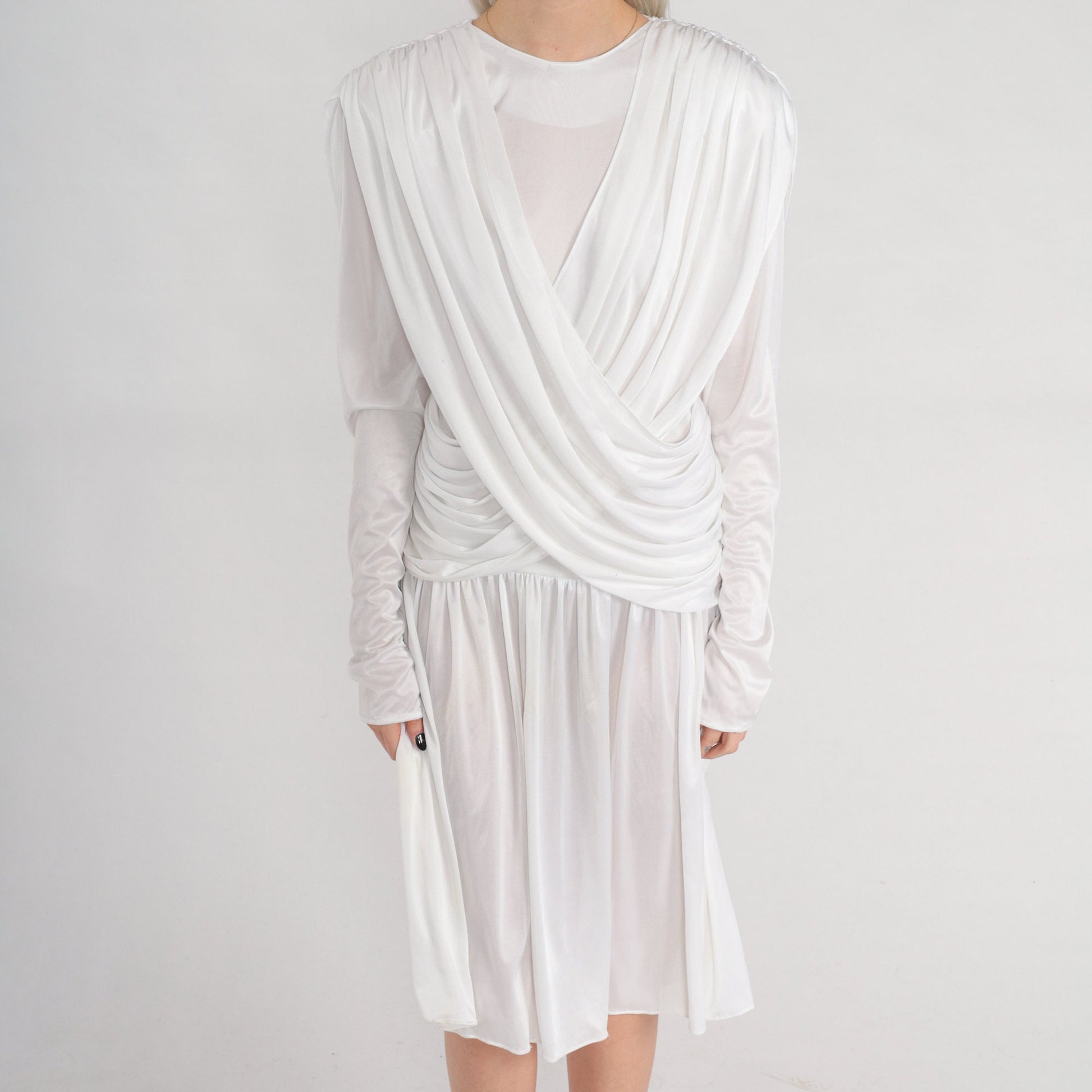 80s White Draped Midi Dress Long Sleeve Grecian Formal Small