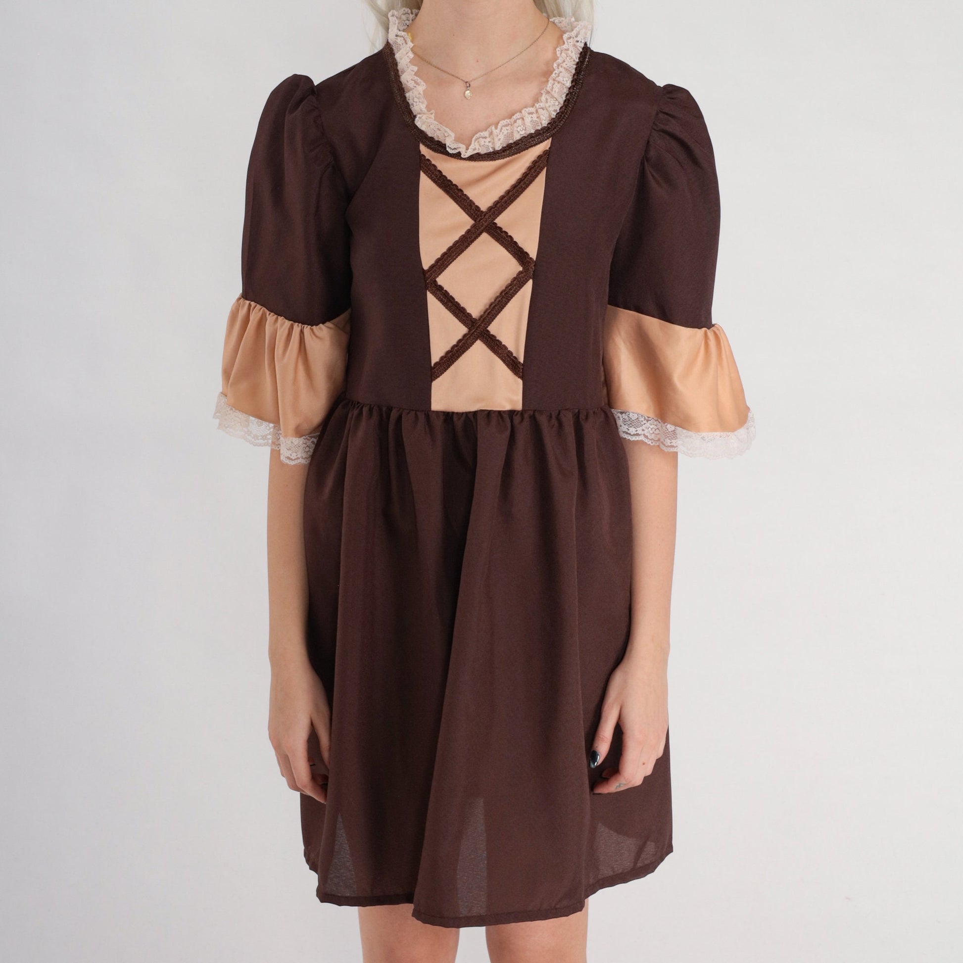 Y2K Brown Cotton Mini Dress Puff Sleeve Lace-Up Chest Extra Small