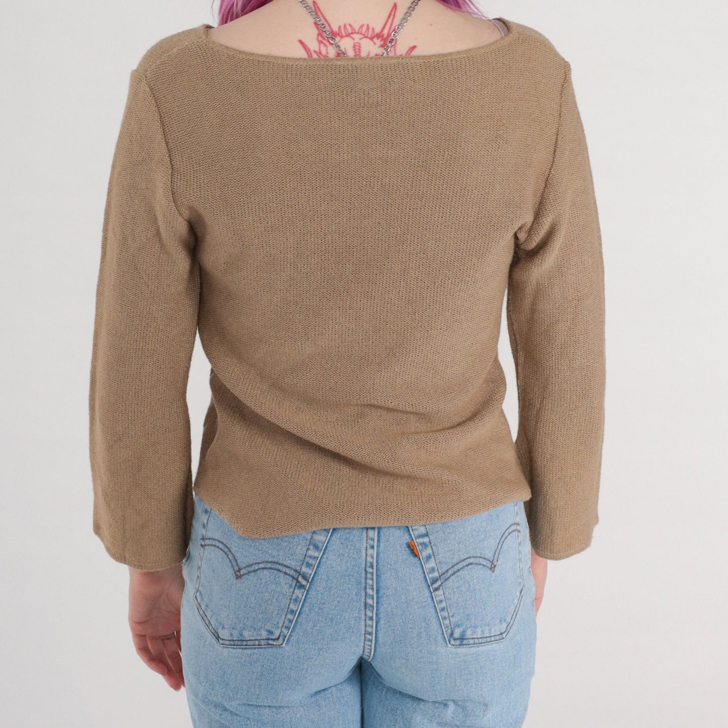 90s Taupe Knit Sweater Beaded Seashell Fringe Bell Sleeve Small
