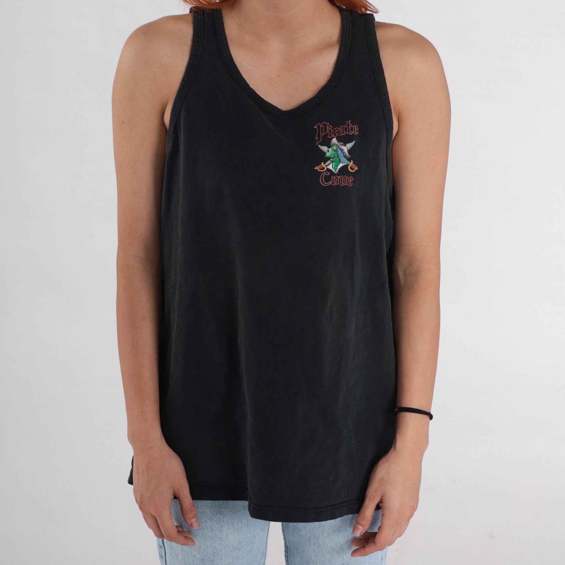 90s Pirate Cove Beach Bar Tank Top Black Graphic Cotton Medium Large