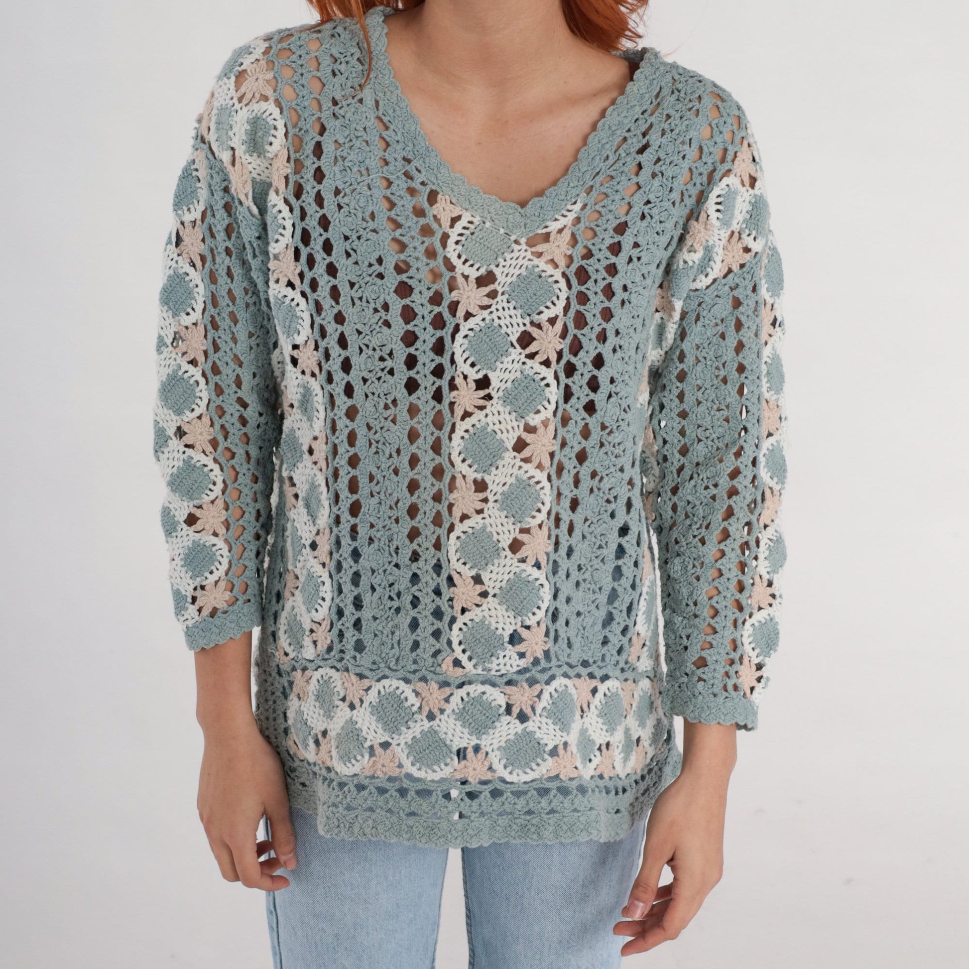 00s Blue Crochet V-Neck Sweater Sheer Cutwork Knit Medium