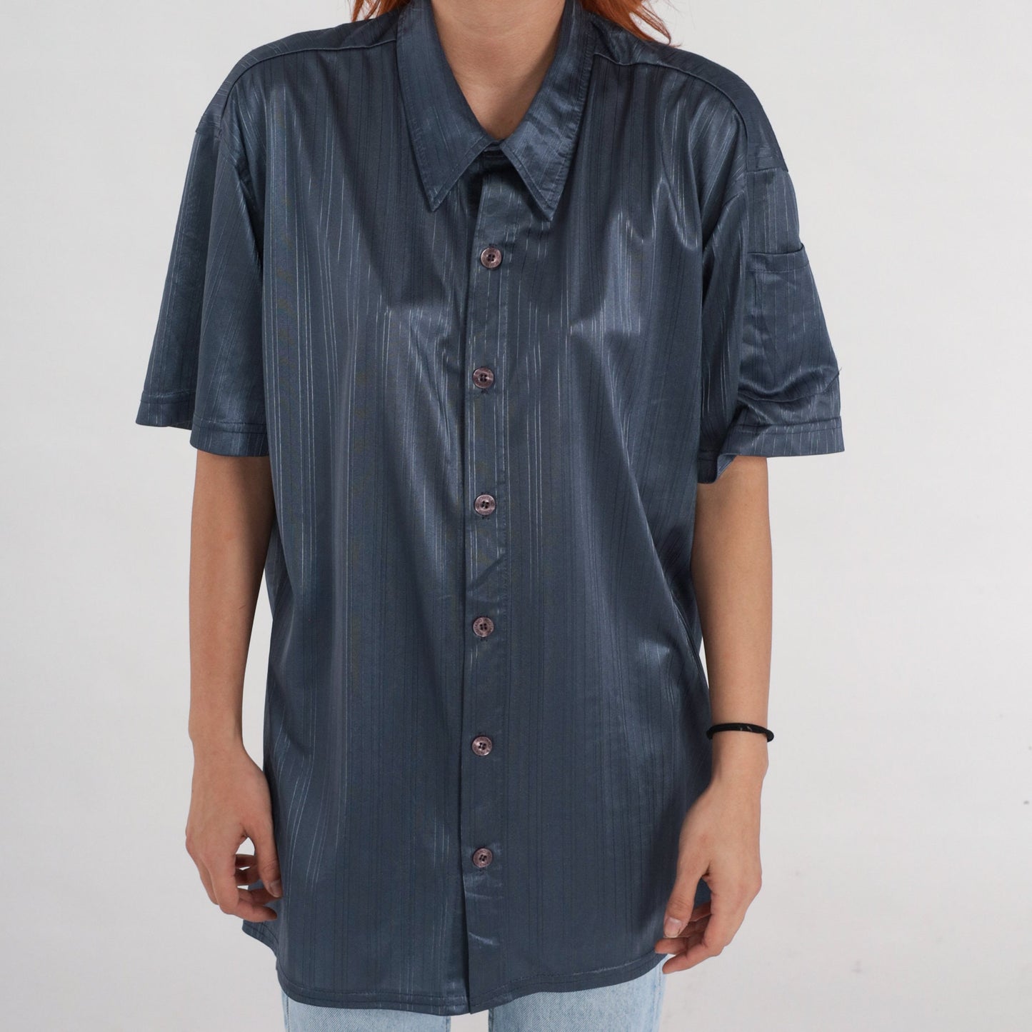 90s Positano Shiny Blue Striped Button-Up Shirt Short Sleeve Men's Large L