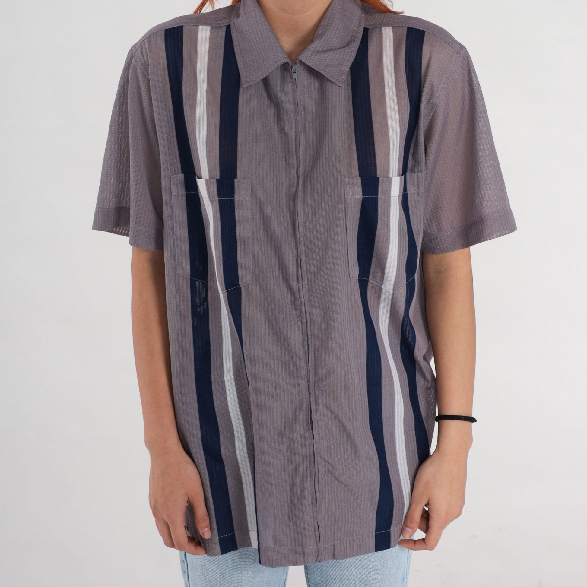 90s Grey Striped Zip-Up Shirt Short Sleeve Semi-Sheer Blouse Medium