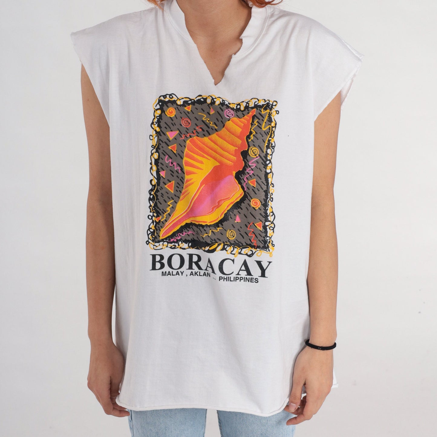 00s Boracay Philippines Seashell Graphic Tank Top White Large
