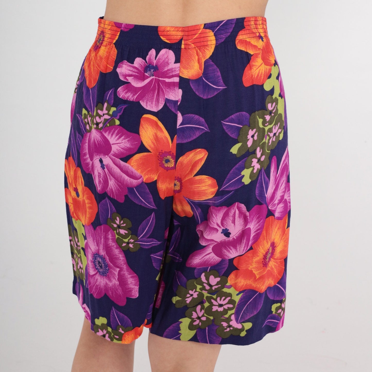90s Tropical Floral High-Waist Shorts Purple Orange Rayon Medium