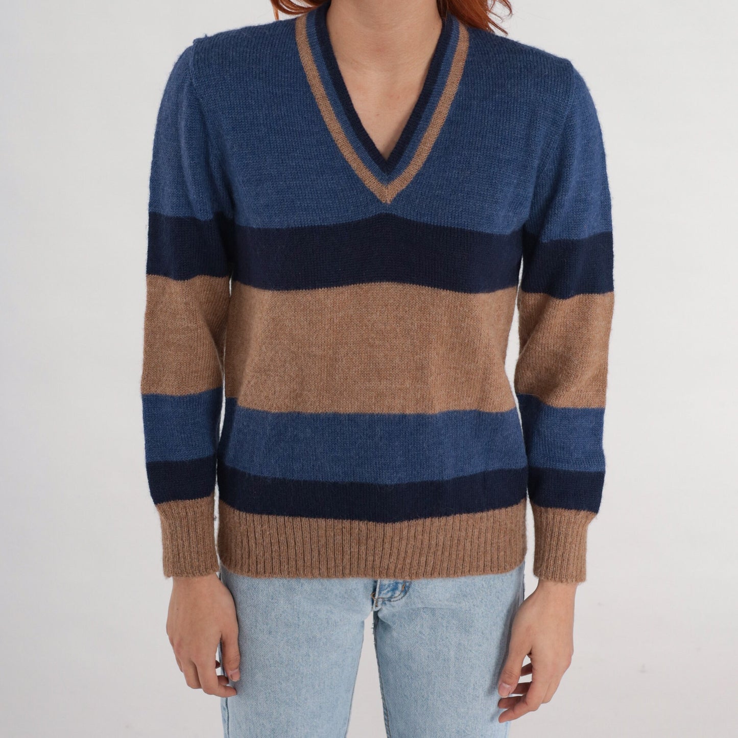 90s Alpaca Wool V-Neck Sweater Tan Blue Striped Pullover Small S