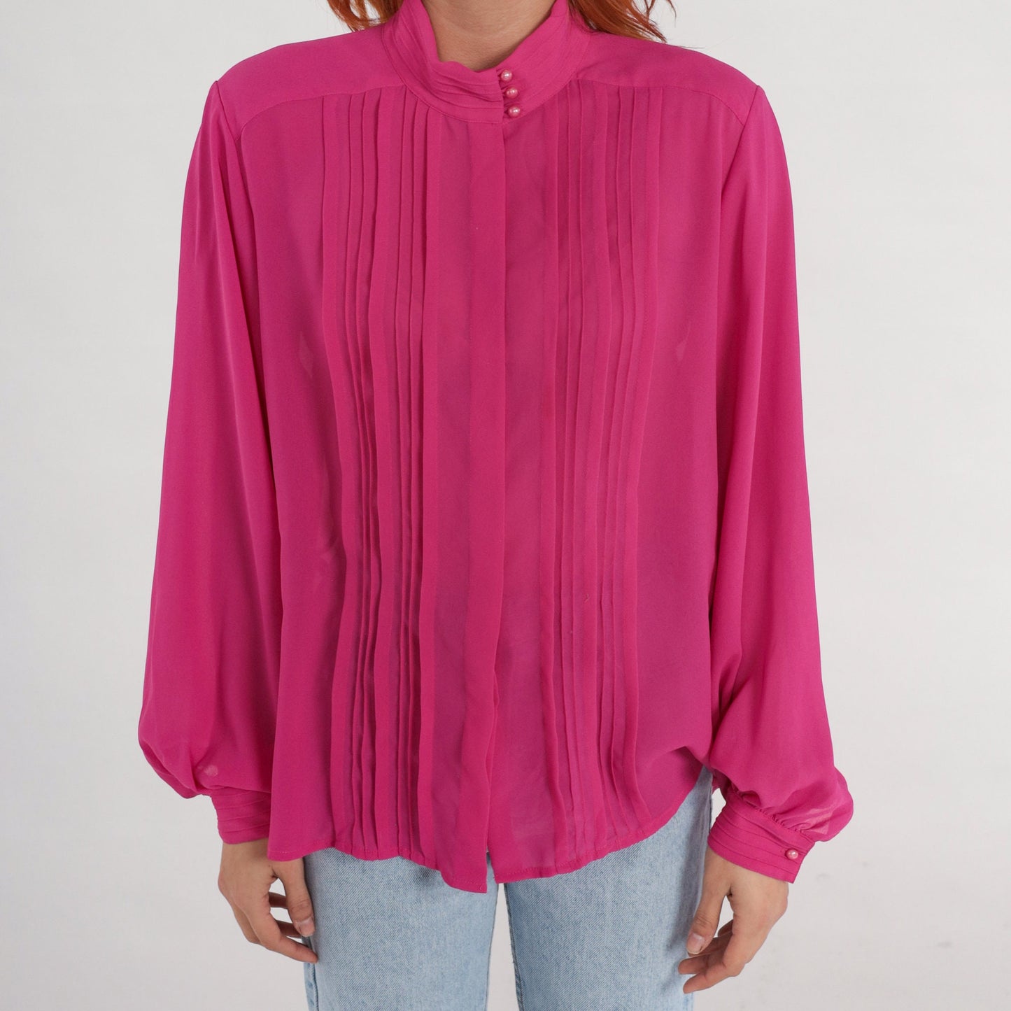 80s Fuchsia Chiffon Blouse Long Sleeve Pleated Button Up Medium Large