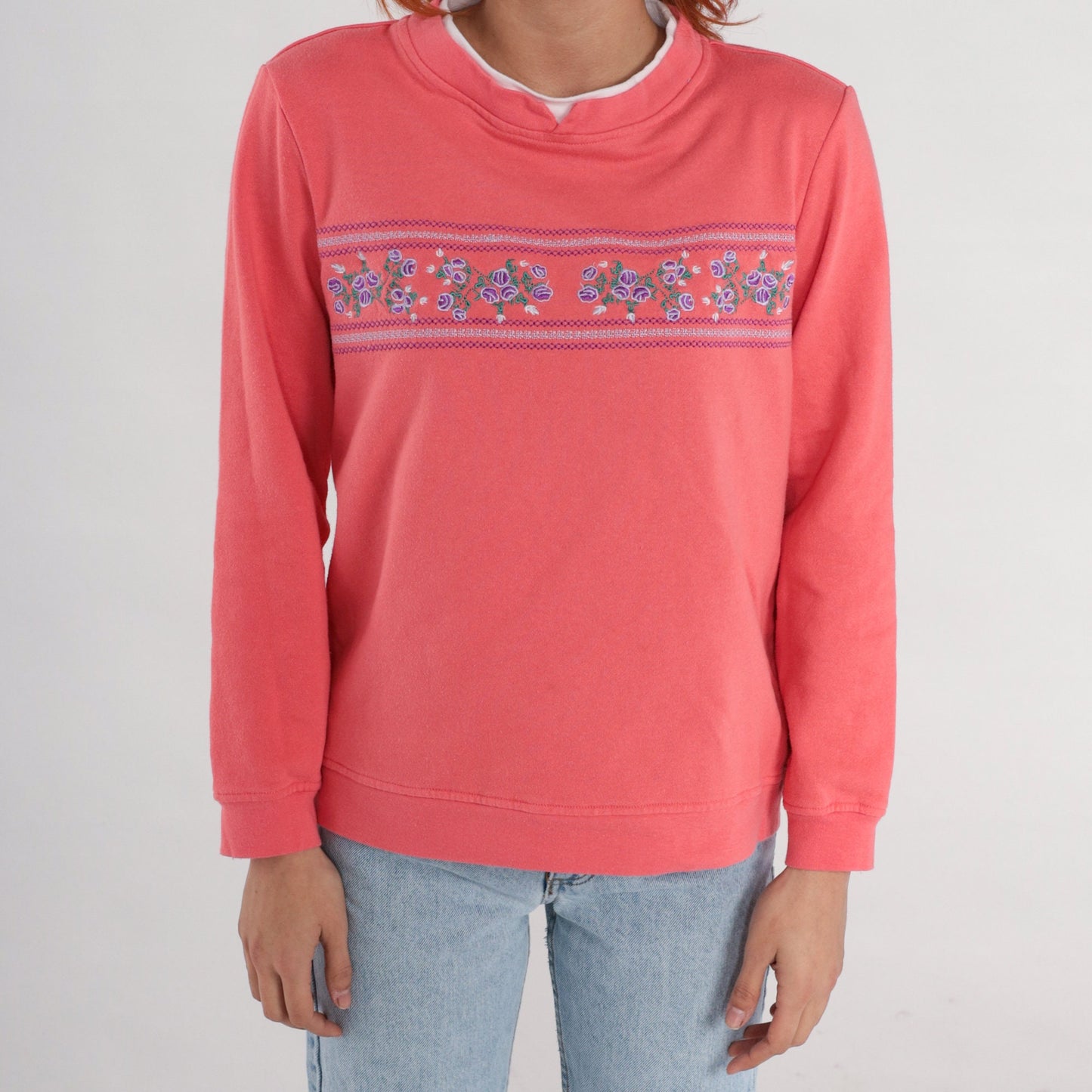 90s Salmon Pink Floral Embroidered Sweatshirt Double Collar Medium