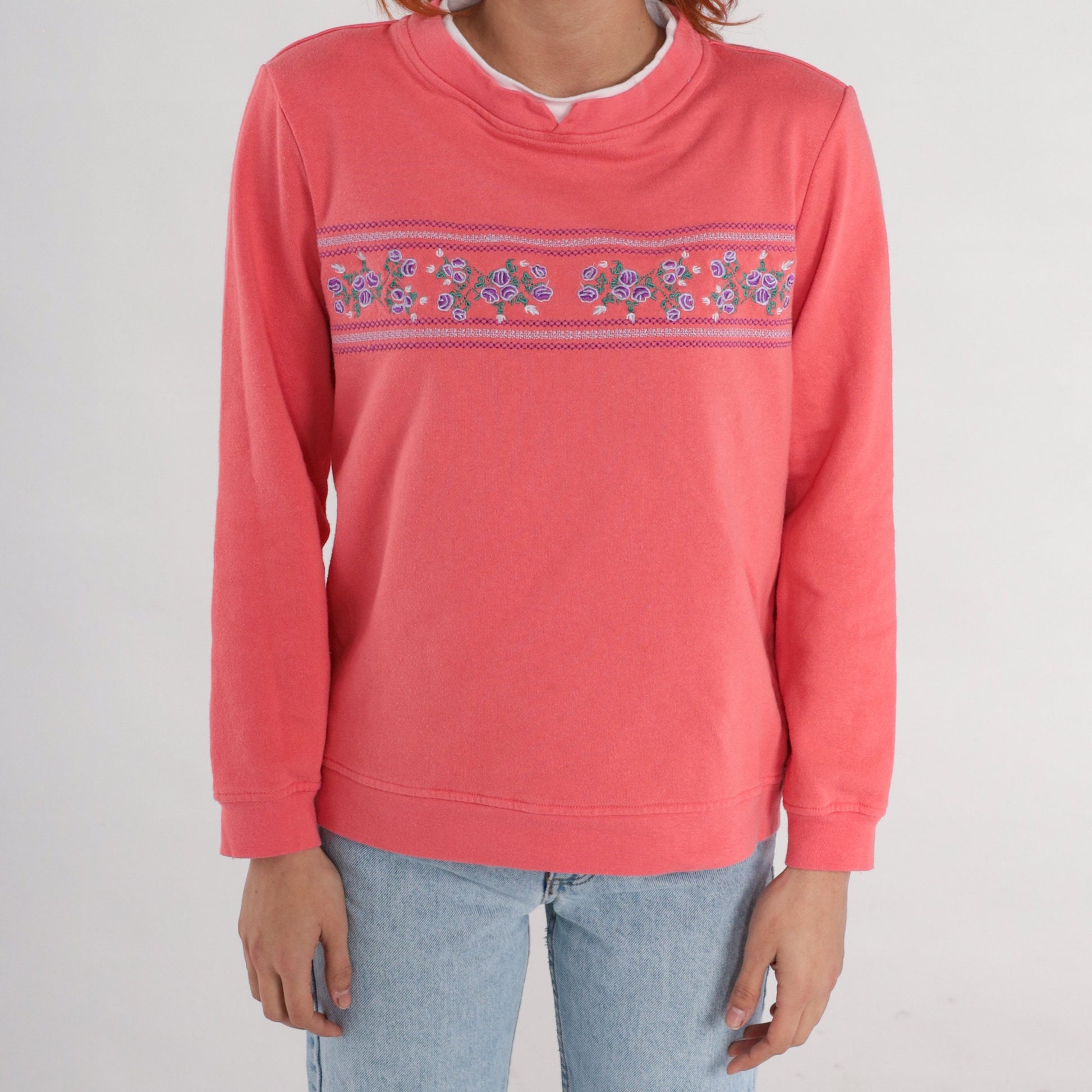 90s Salmon Pink Floral Embroidered Sweatshirt Double Collar Medium