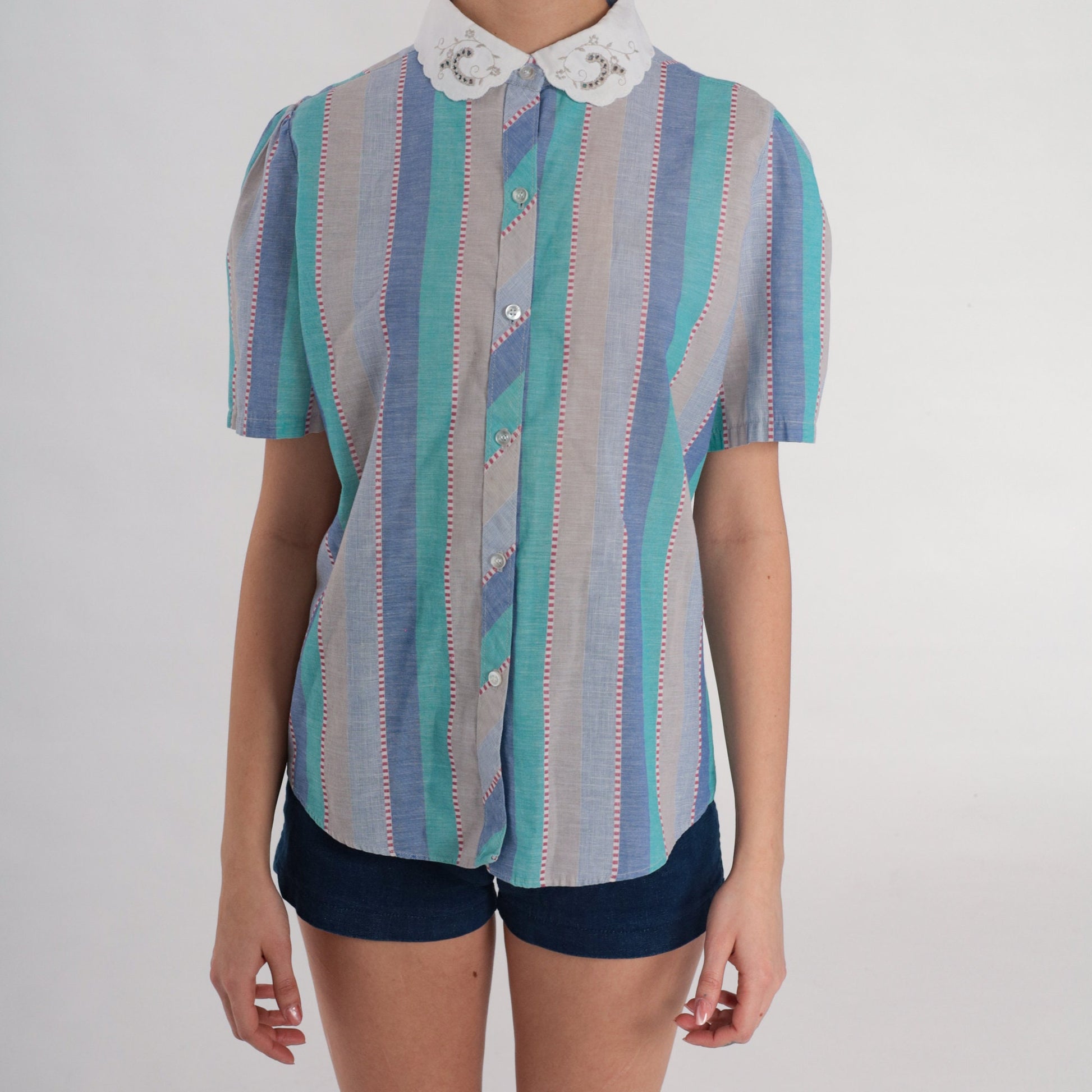 80s Striped Blouse Lace Collar Puff Sleeve Button Up Floral Embroidered Blue Green Medium