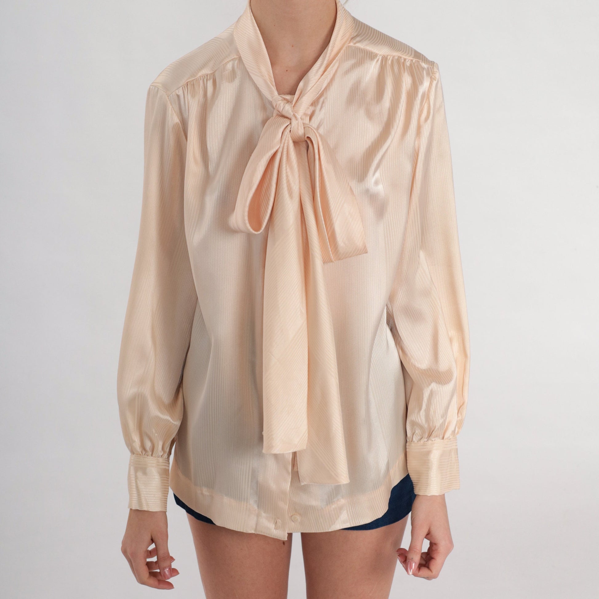 80s Blush Ascot Blouse Shiny Balloon Sleeve Button Up Medium