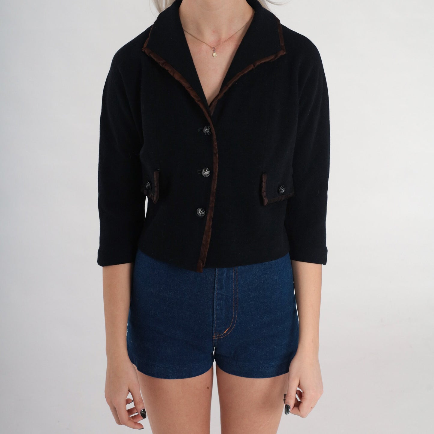 60s R & K Knits Black Wool Blend Blazer Brown Trim Cropped 3/4 Sleeve Extra Small