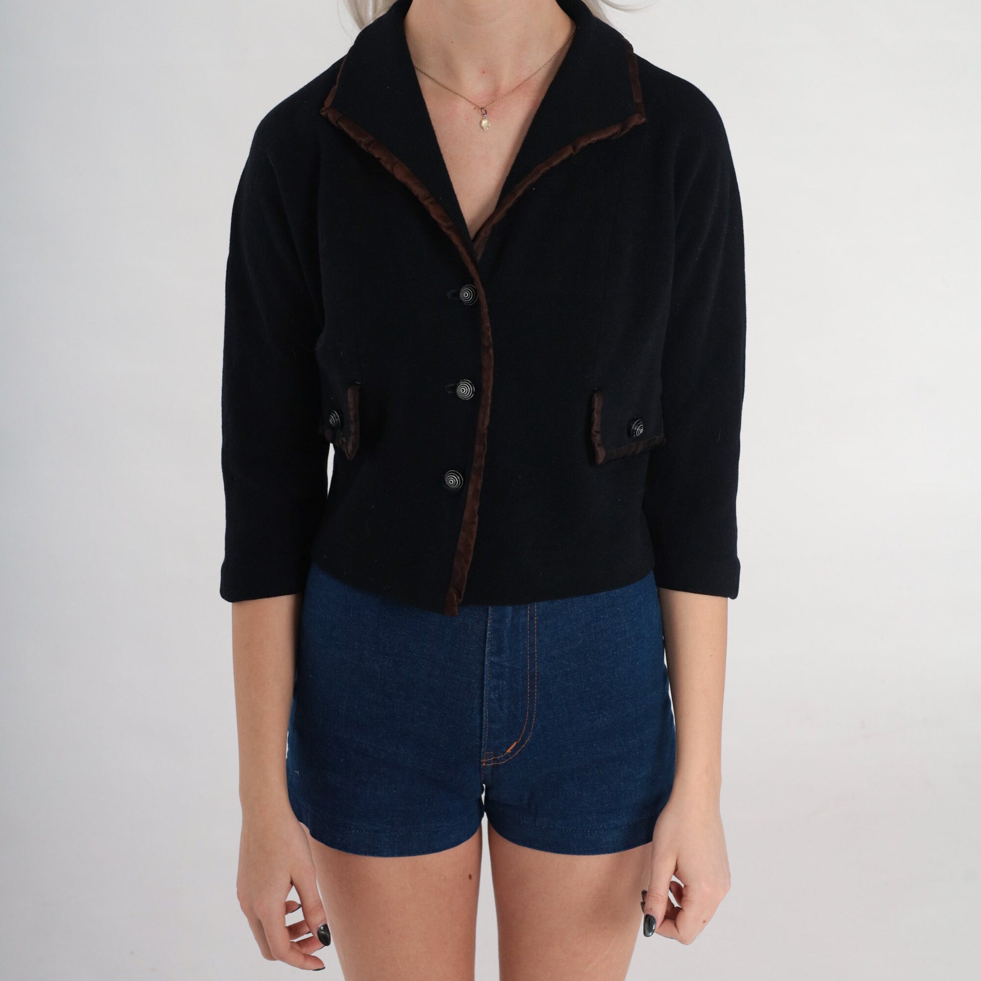 60s R & K Knits Black Wool Blend Blazer Brown Trim Cropped 3/4 Sleeve Extra Small