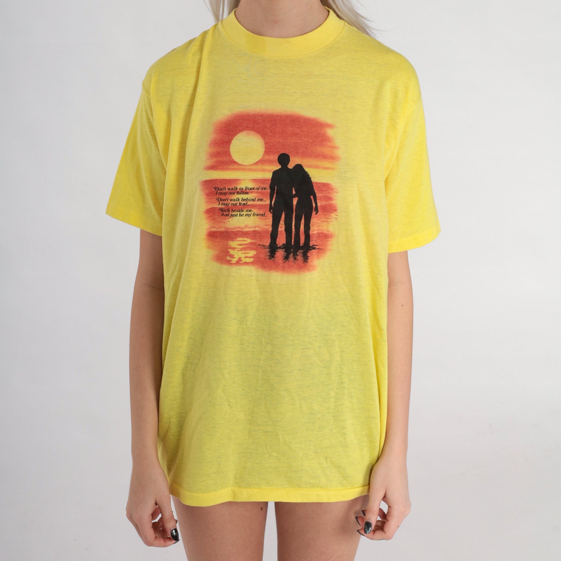 80s Albert Camus Quote Friendship T-Shirt Yellow Graphic Single Stitch Extra Large