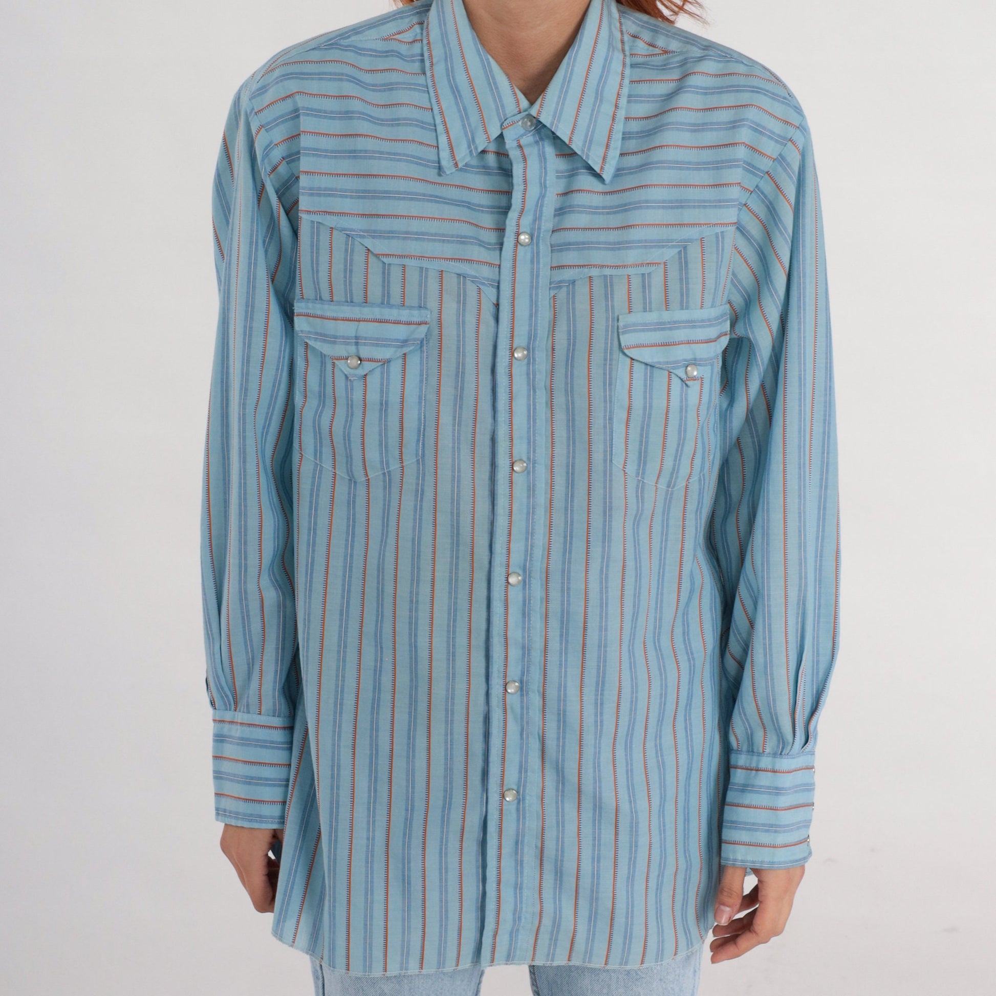 80s Western Pearl Snap Shirt Blue Striped Long Sleeve Men's 17-33