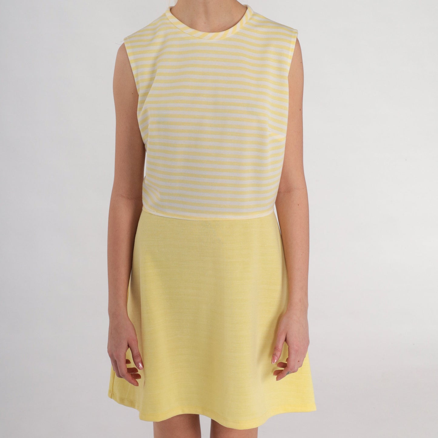 70s Yellow & White Striped Shift Mini Dress Sleeveless Medium