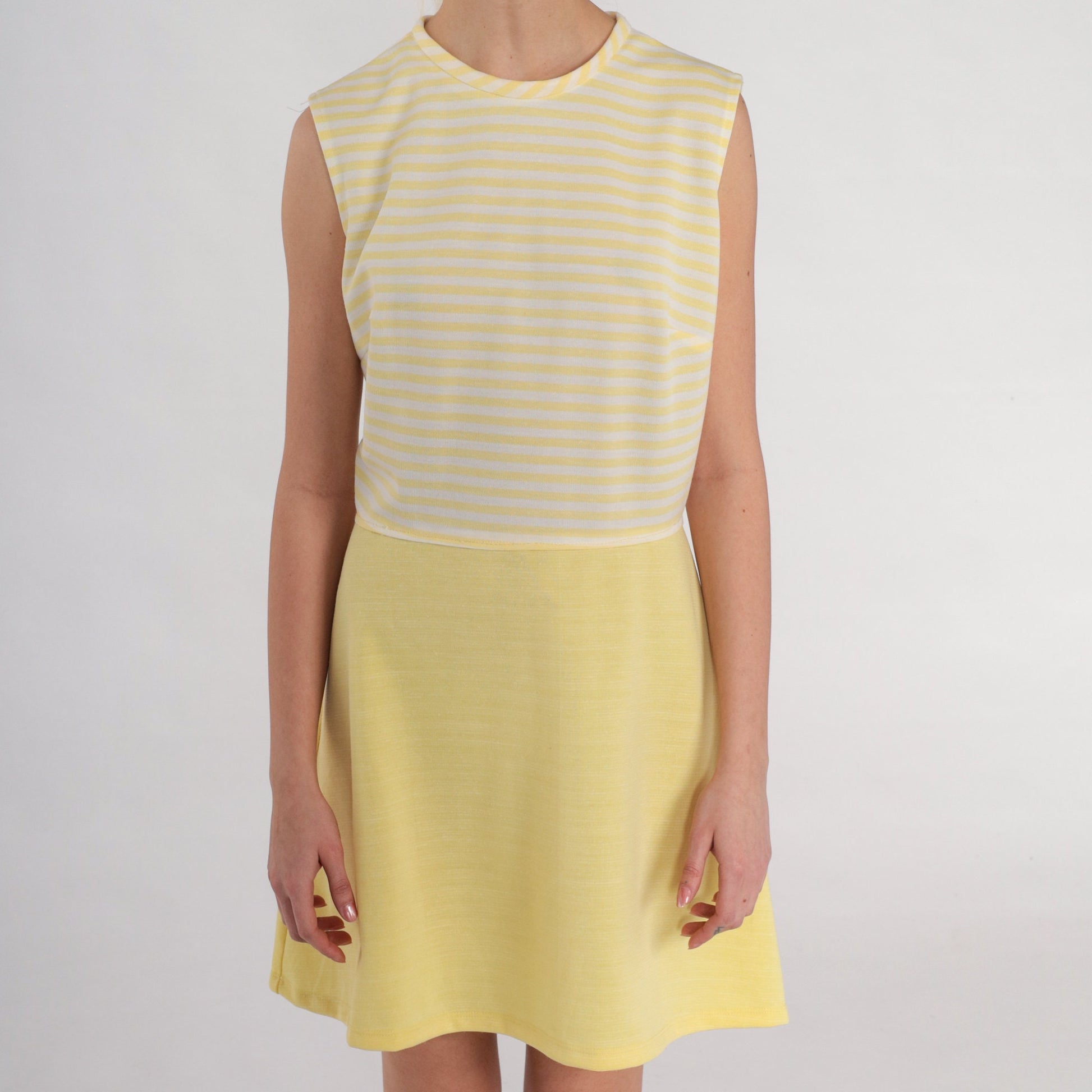 70s Yellow & White Striped Shift Mini Dress Sleeveless Medium