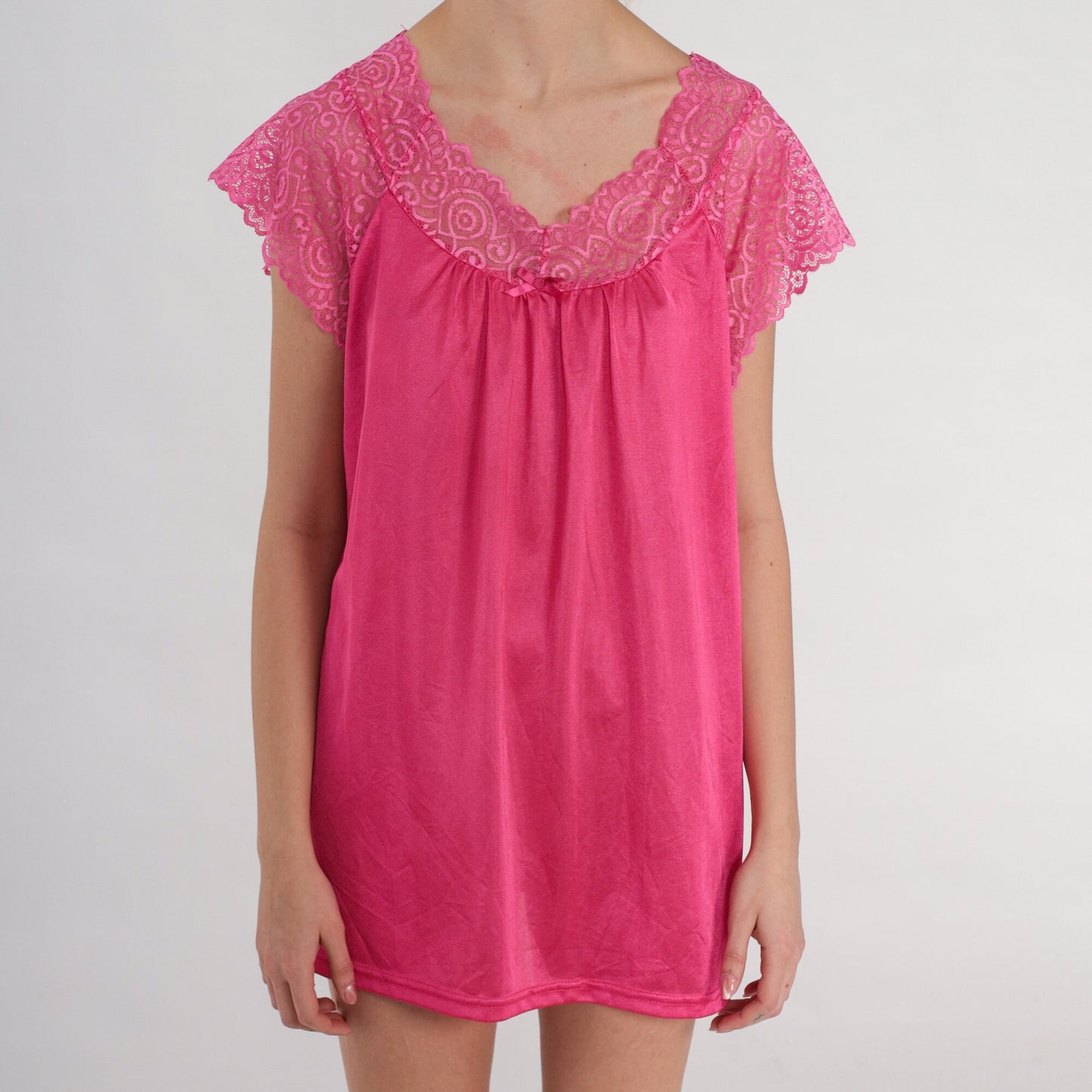 90s Pink Lace Nylon Pajama Top Short Sleeve Tunic Small