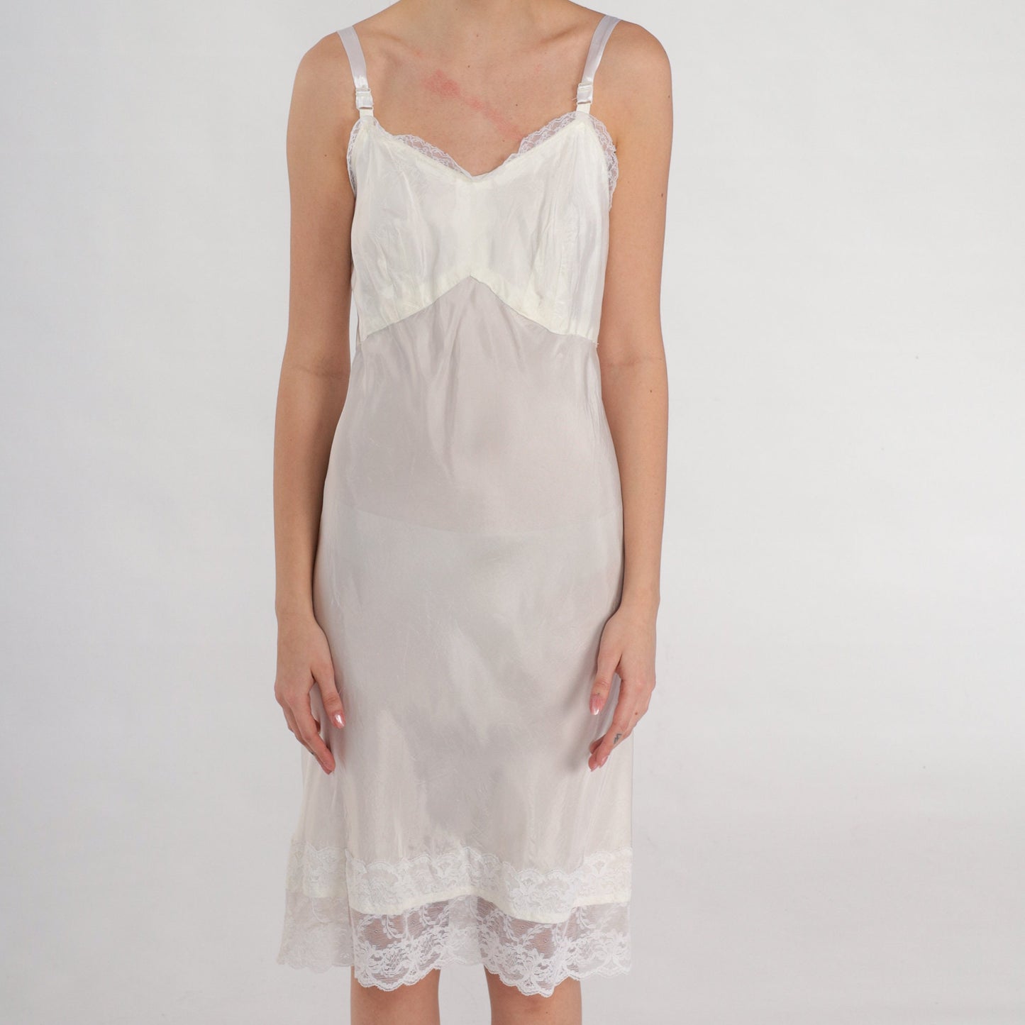 70s White Lace Trim Slip Dress Empire Waist Knee Length XS