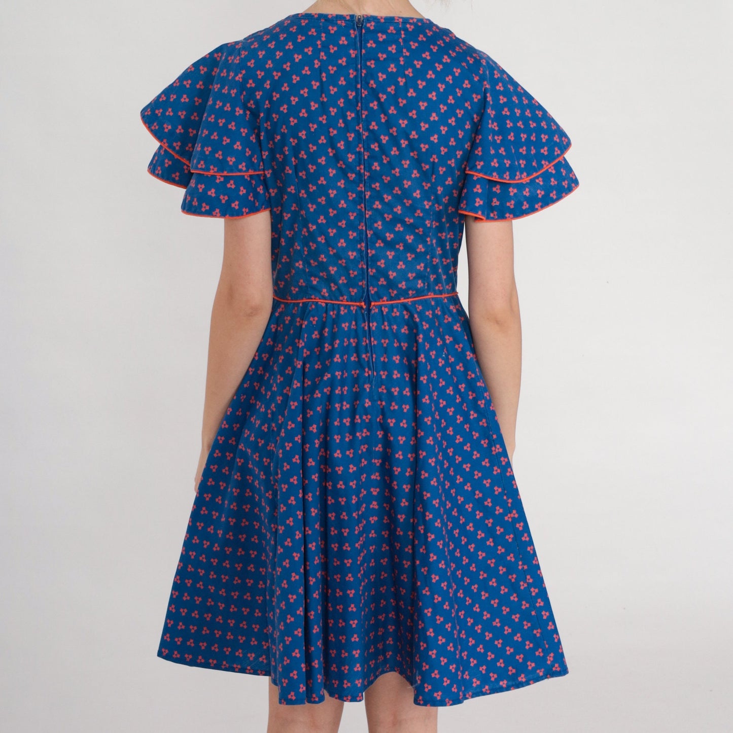 60s Blue Square Dot Mini Dress Flutter Sleeve High Waist Full Skirt Extra Small