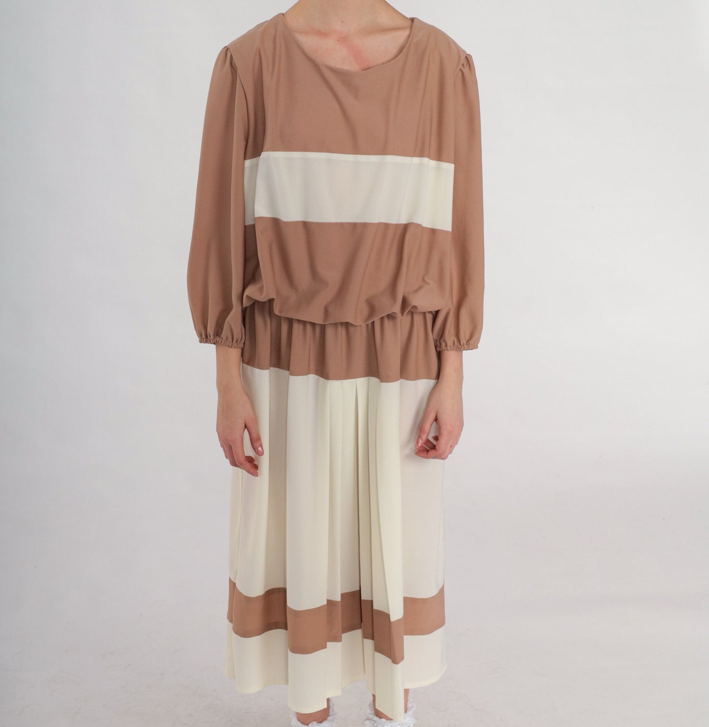 70s Striped Blouson Midi Dress Brown White Pleated Long Sleeve XXL