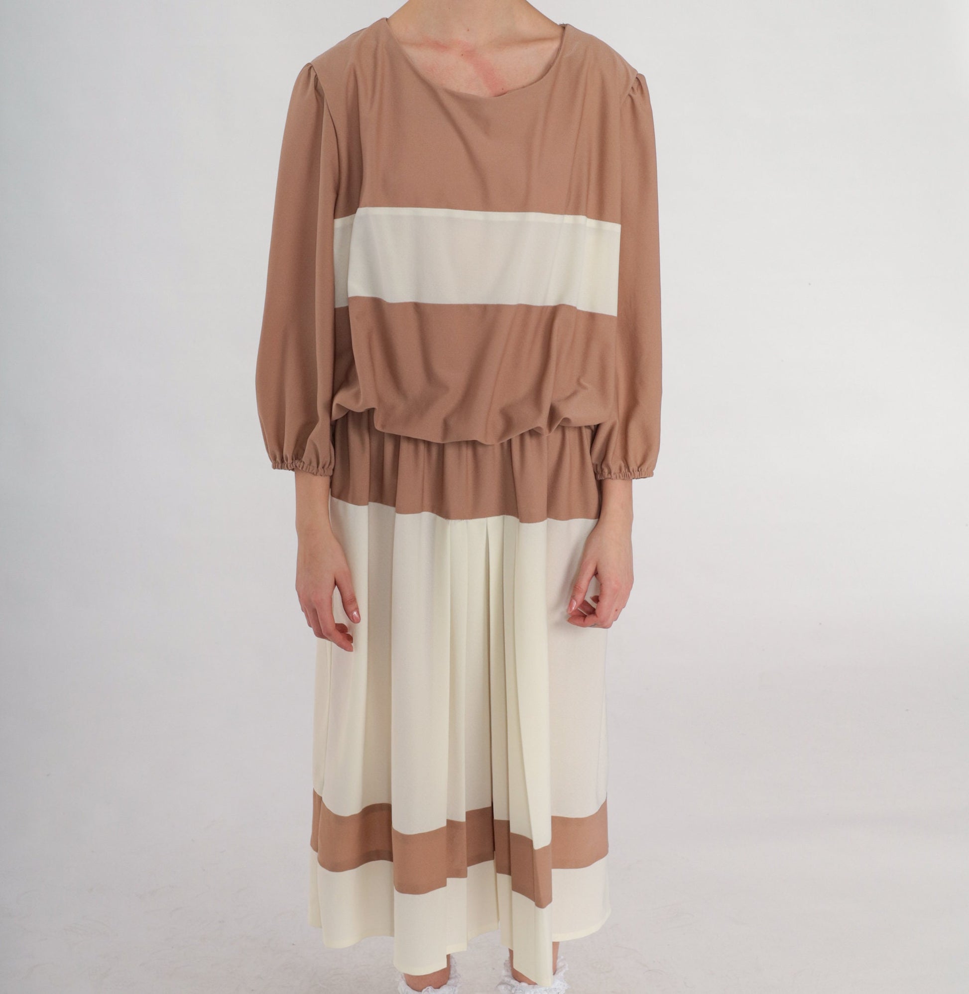 70s Striped Blouson Midi Dress Brown White Pleated Long Sleeve XXL