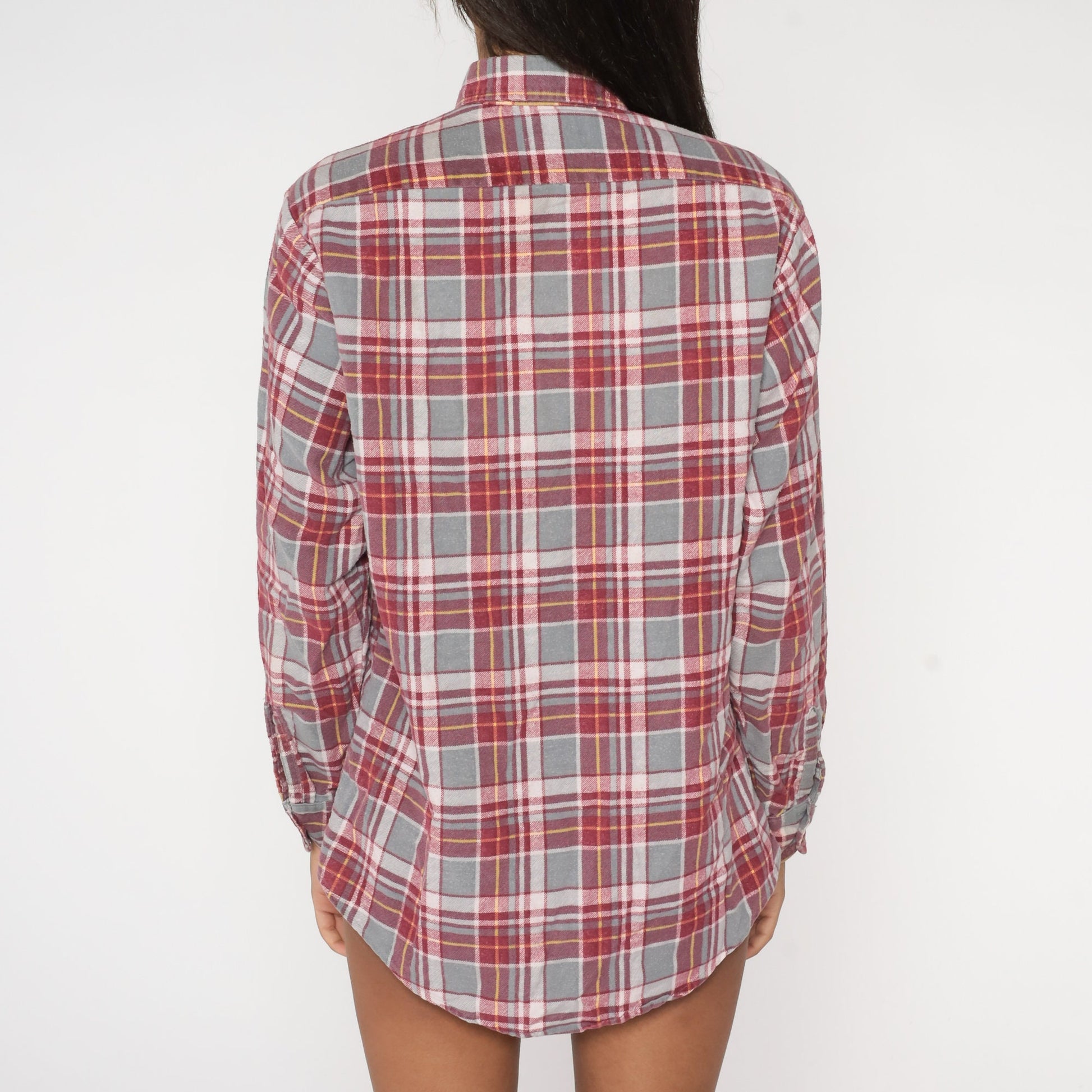 90s Red Grey Plaid Flannel Shirt Button Up Long Sleeve Medium