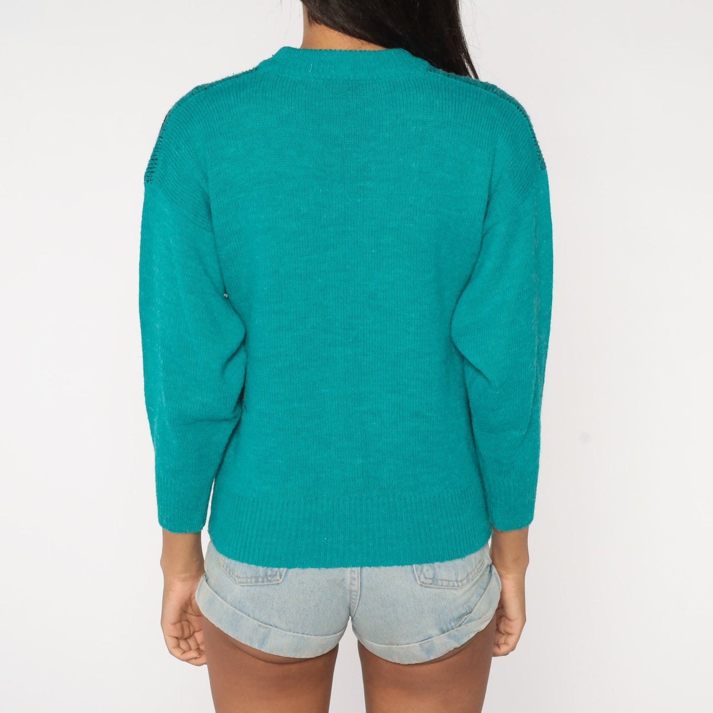80s Abstract Vine Knit Sweater Teal Green Pullover Jumper Small S