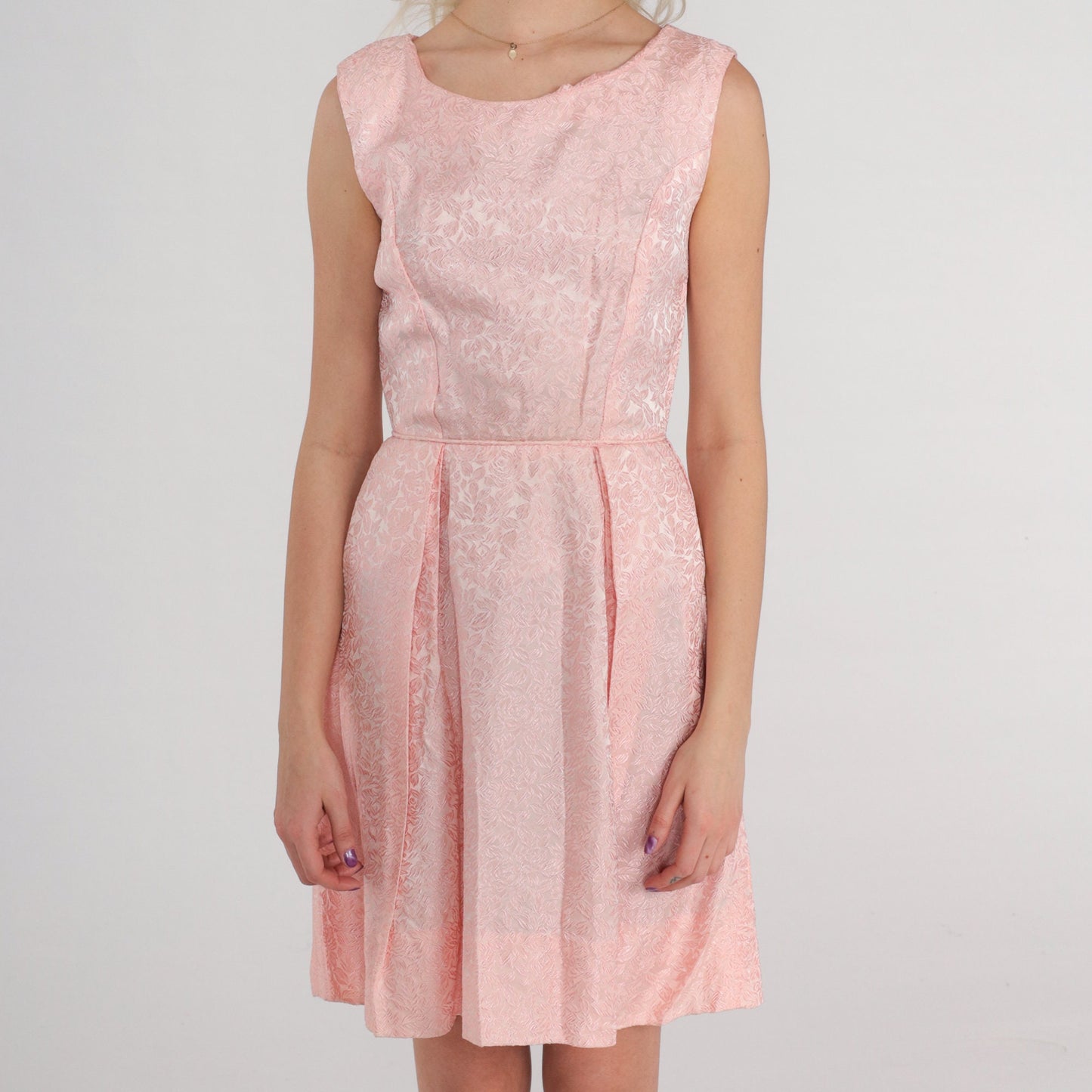 60s Pink Floral Brocade Mini Dress Sleeveless High Waist Extra Small XS