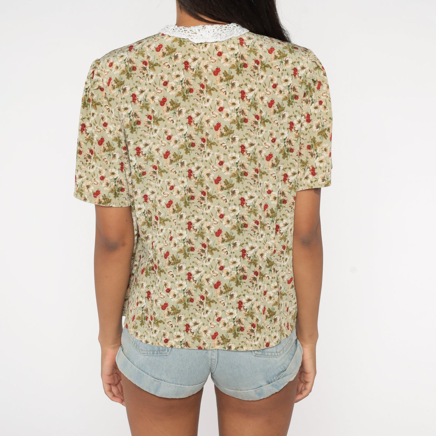 80s Floral Button-Up Blouse Lace Collar Green Red White Large