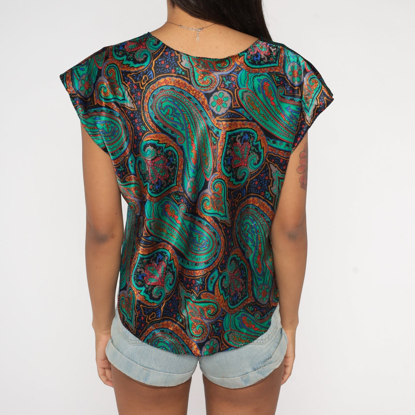80s Paisley Pajama Top Green Cap Sleeve Sleep Shirt Large L