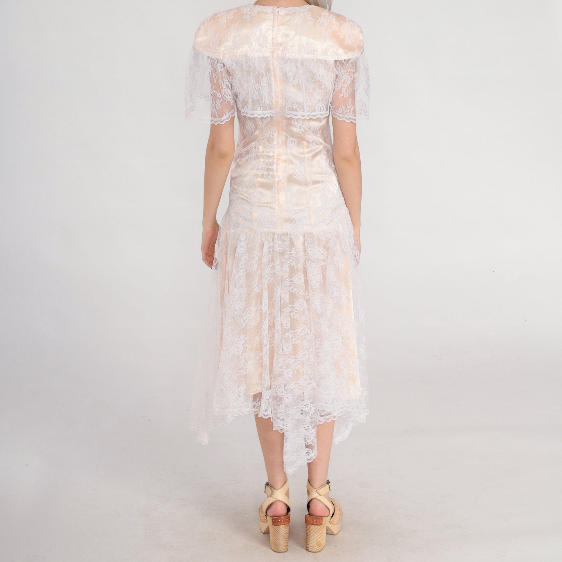 80s Gunne Sax Jessica McClintock Lace Midi Dress Blush Handkerchief Hem XS