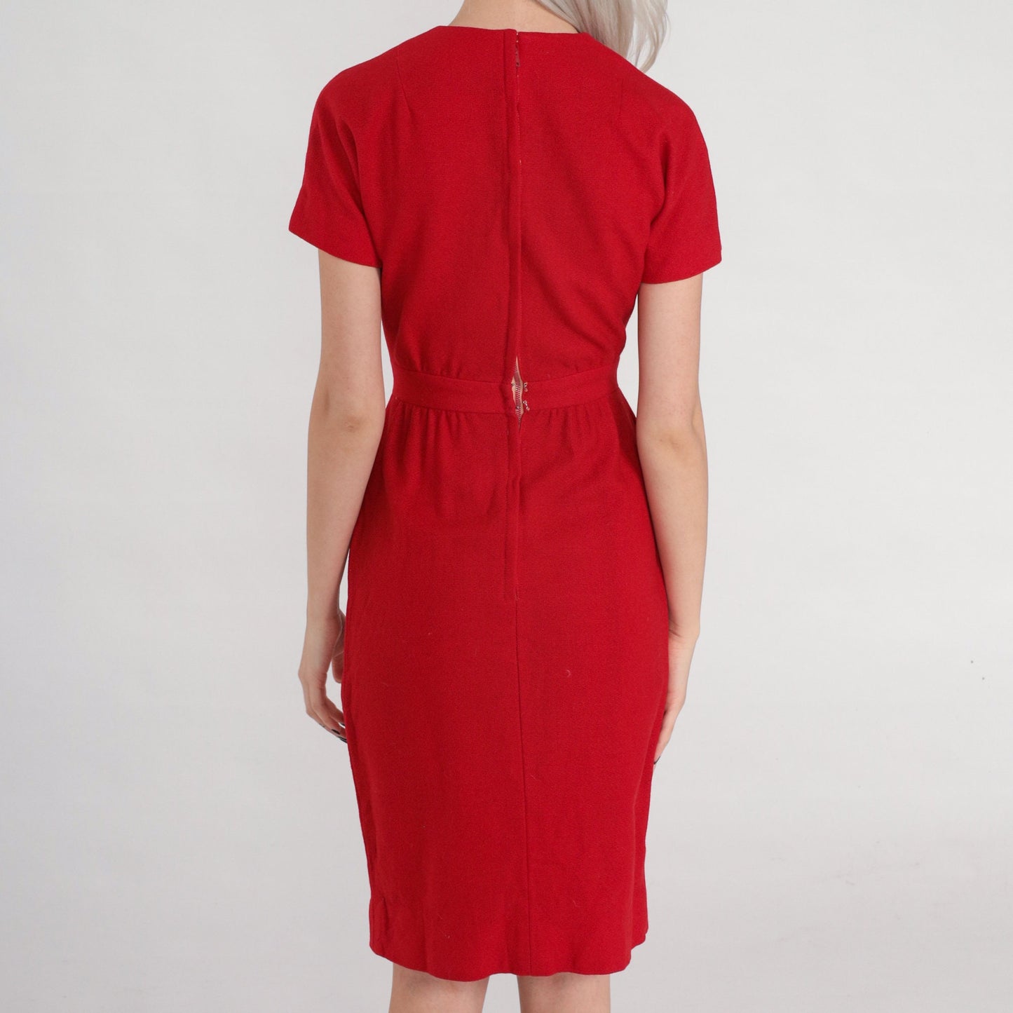 60s Red Wool Pencil Dress High Waisted Knee Length Short Sleeve Extra Small XS
