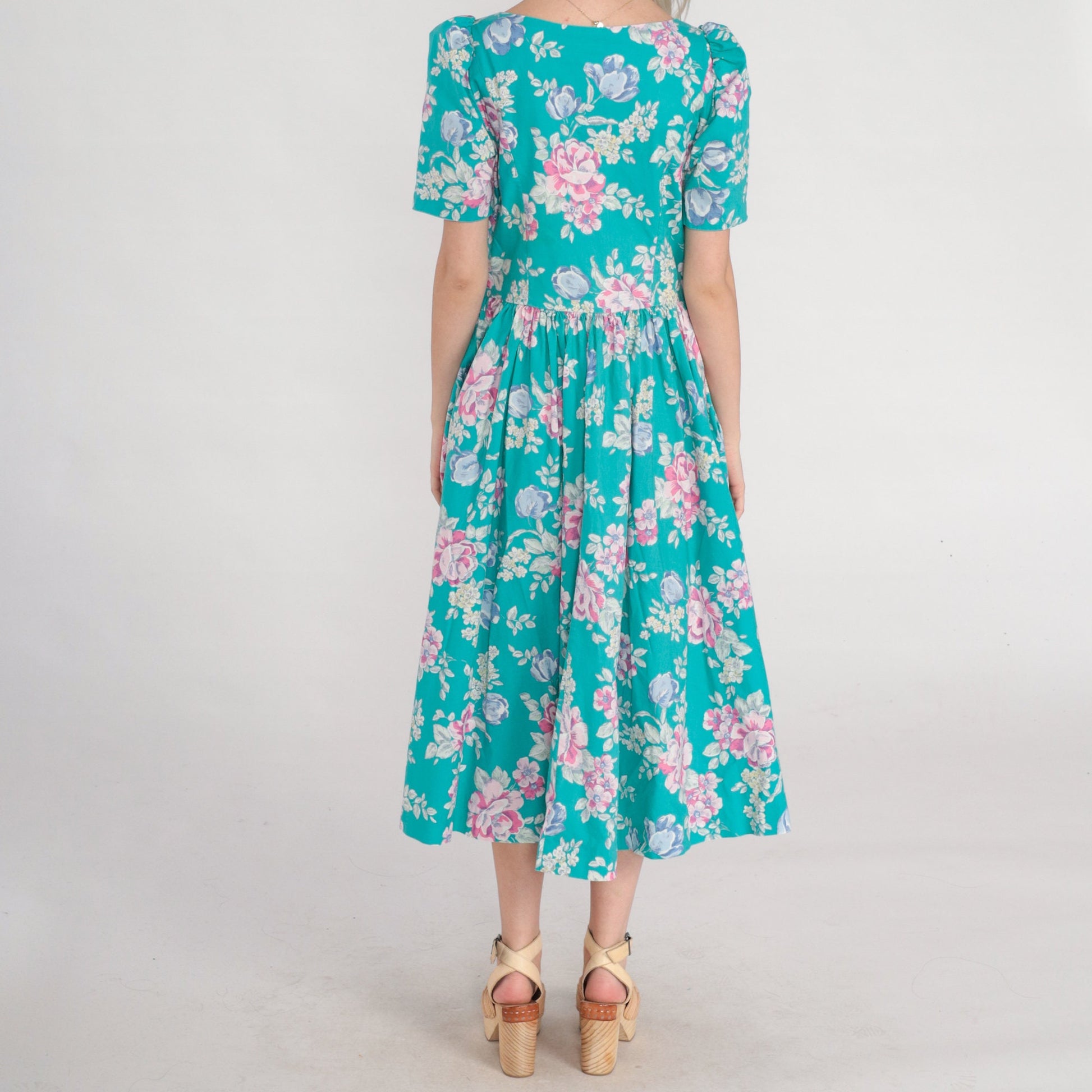 80s Laura Ashley Turquoise Floral Midi Dress Puff Sleeve Basque Waist Medium