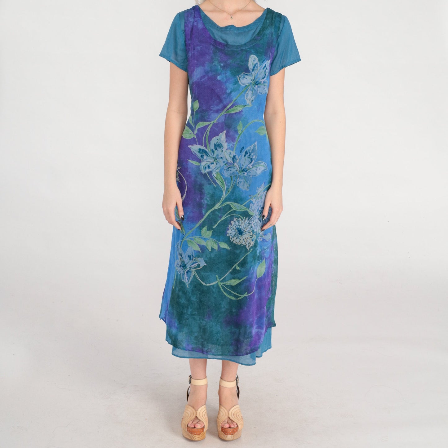 00s Tie Dye Floral Midi Dress Purple Blue Green Layered Short Sleeve Small