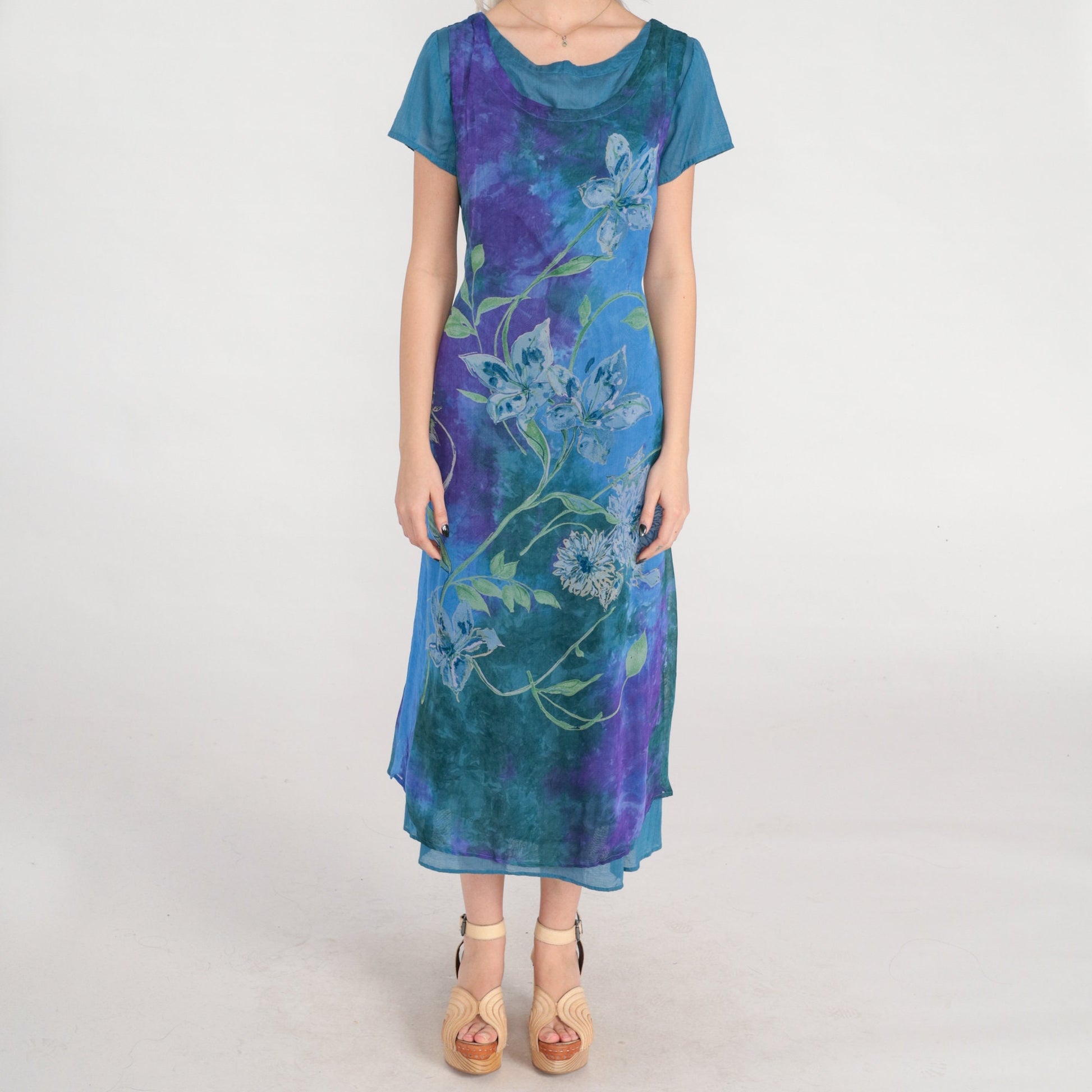 00s Tie Dye Floral Midi Dress Purple Blue Green Layered Short Sleeve Small
