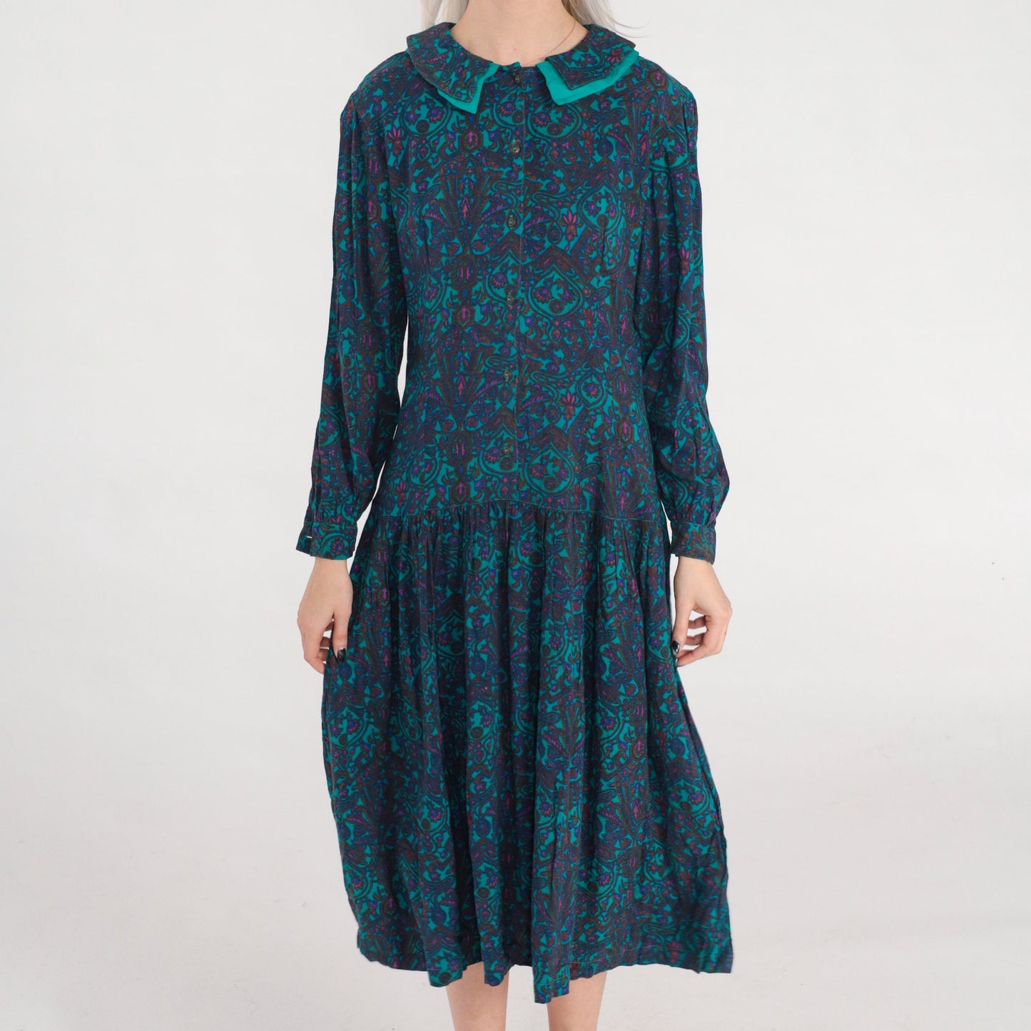 80s Green Floral Midi Dress Collared Puff Sleeve Drop Waist Small