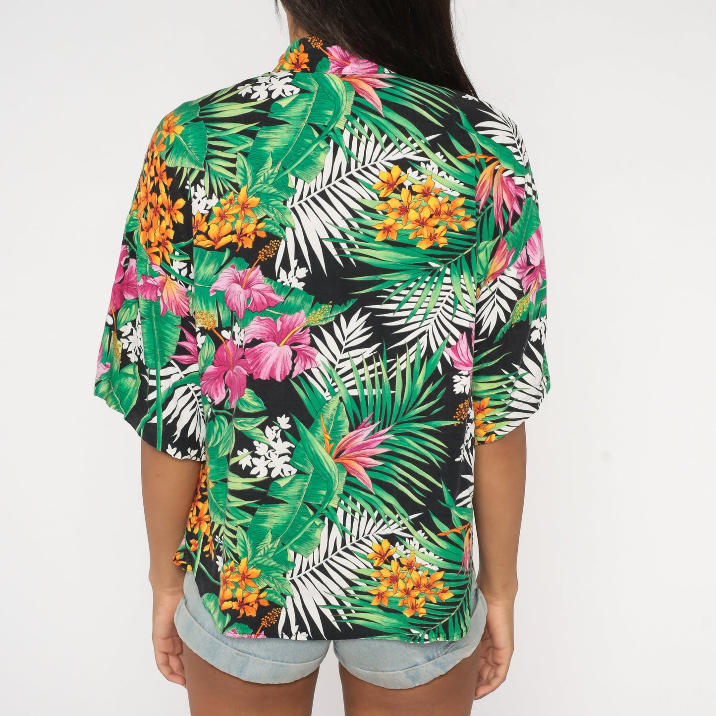90s Tropical Floral Rayon Button-Up Shirt Green Botanical Short Sleeve Large L